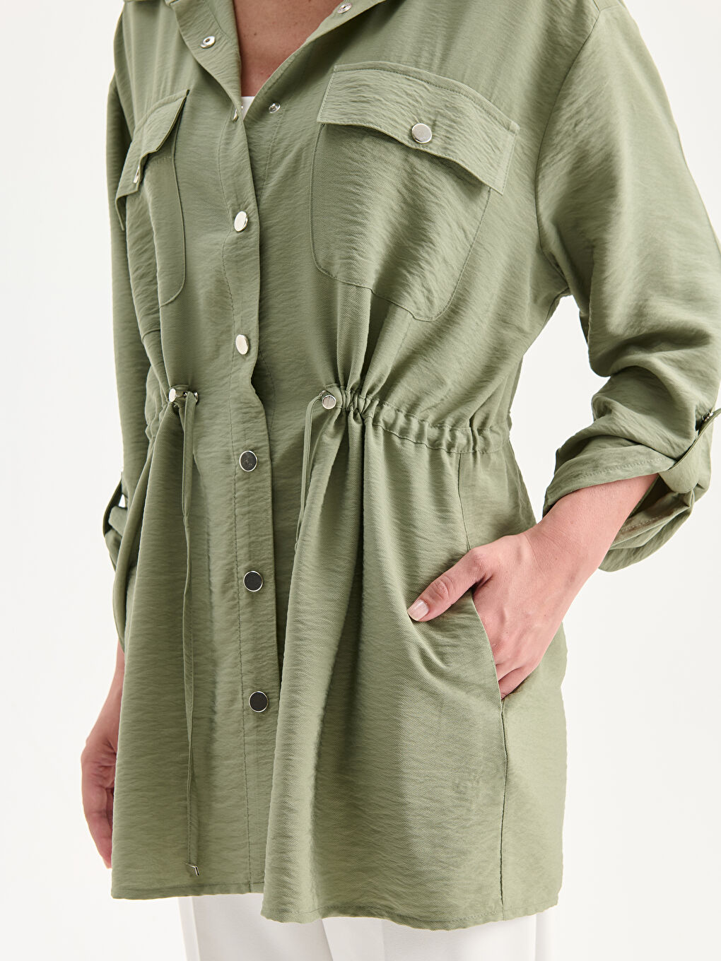 Haki Gömlek Yaka Büzgülü Kadın Ceket-3