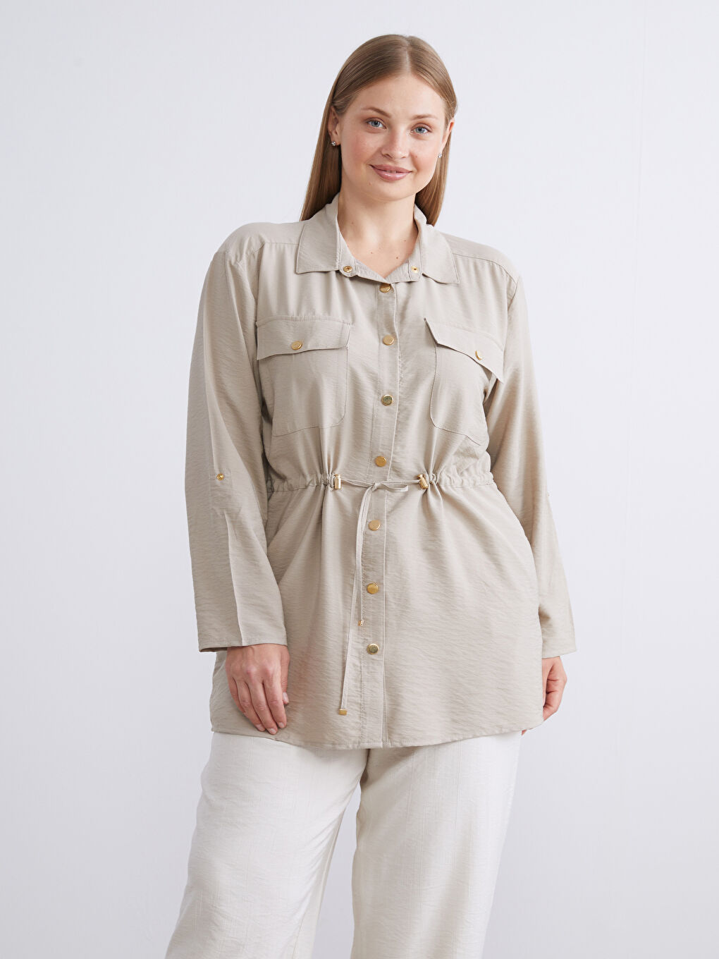 Bej Gömlek Yaka Büzgülü Kadın Ceket-1