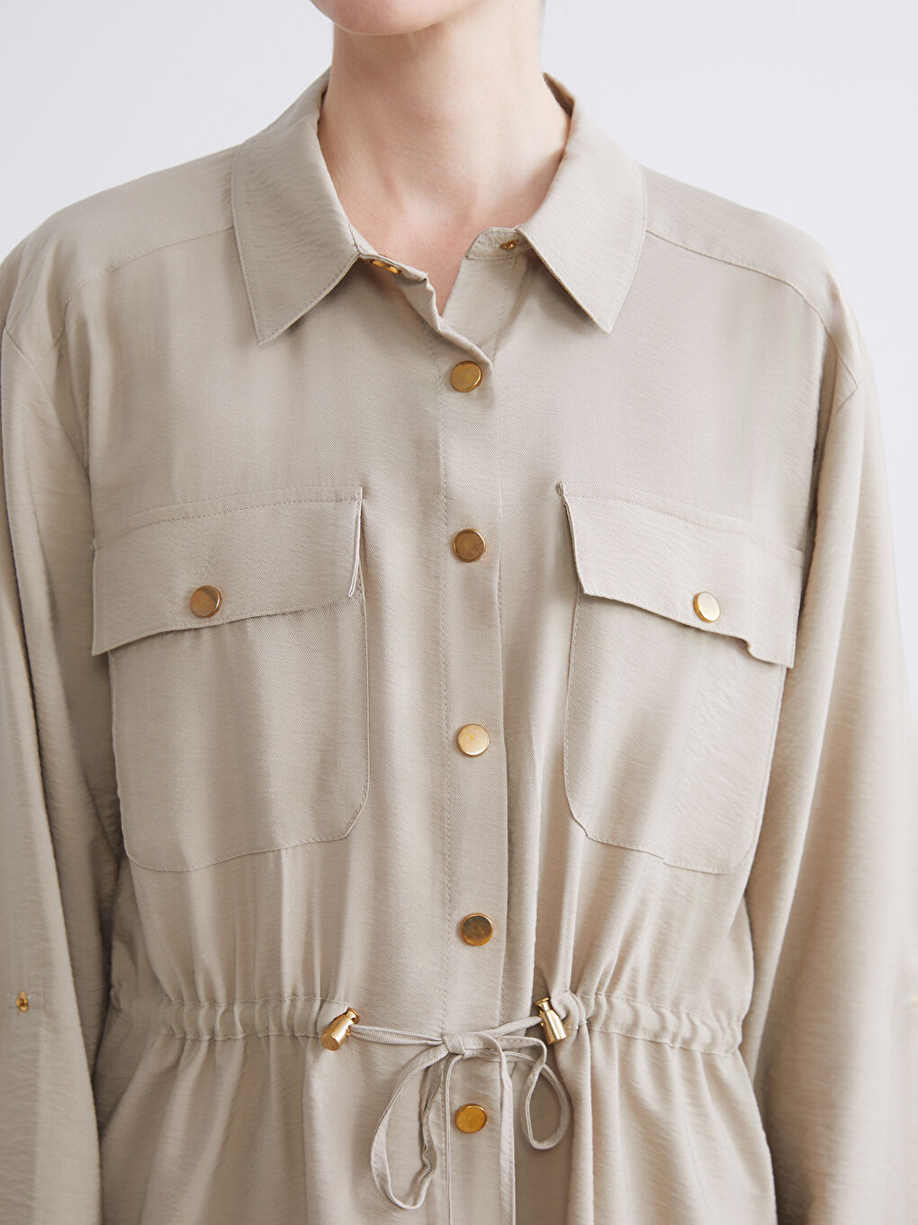 Bej Gömlek Yaka Büzgülü Kadın Ceket-3