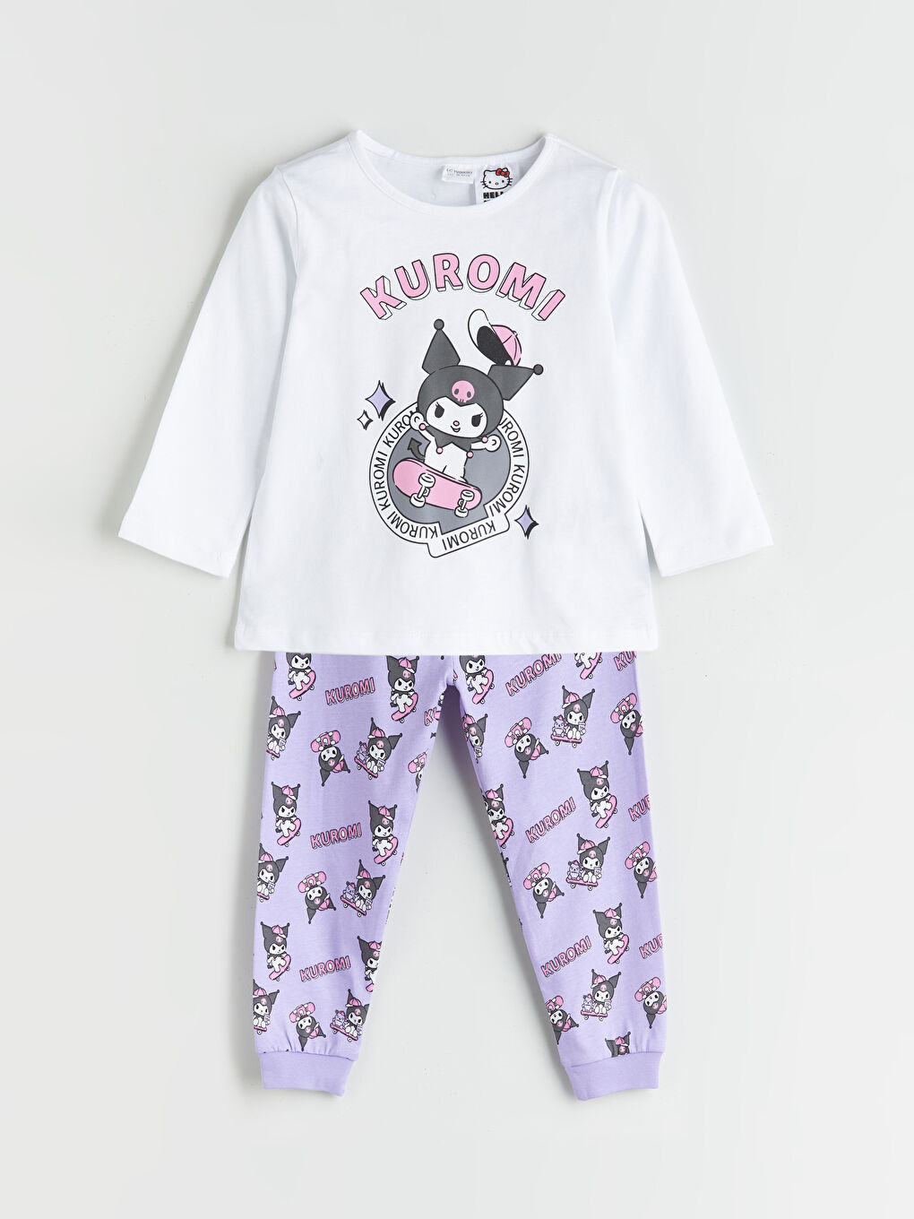 Beyaz Bisiklet Yaka Kuromi Baskılı Kız Çocuk Pijama Takımı-2