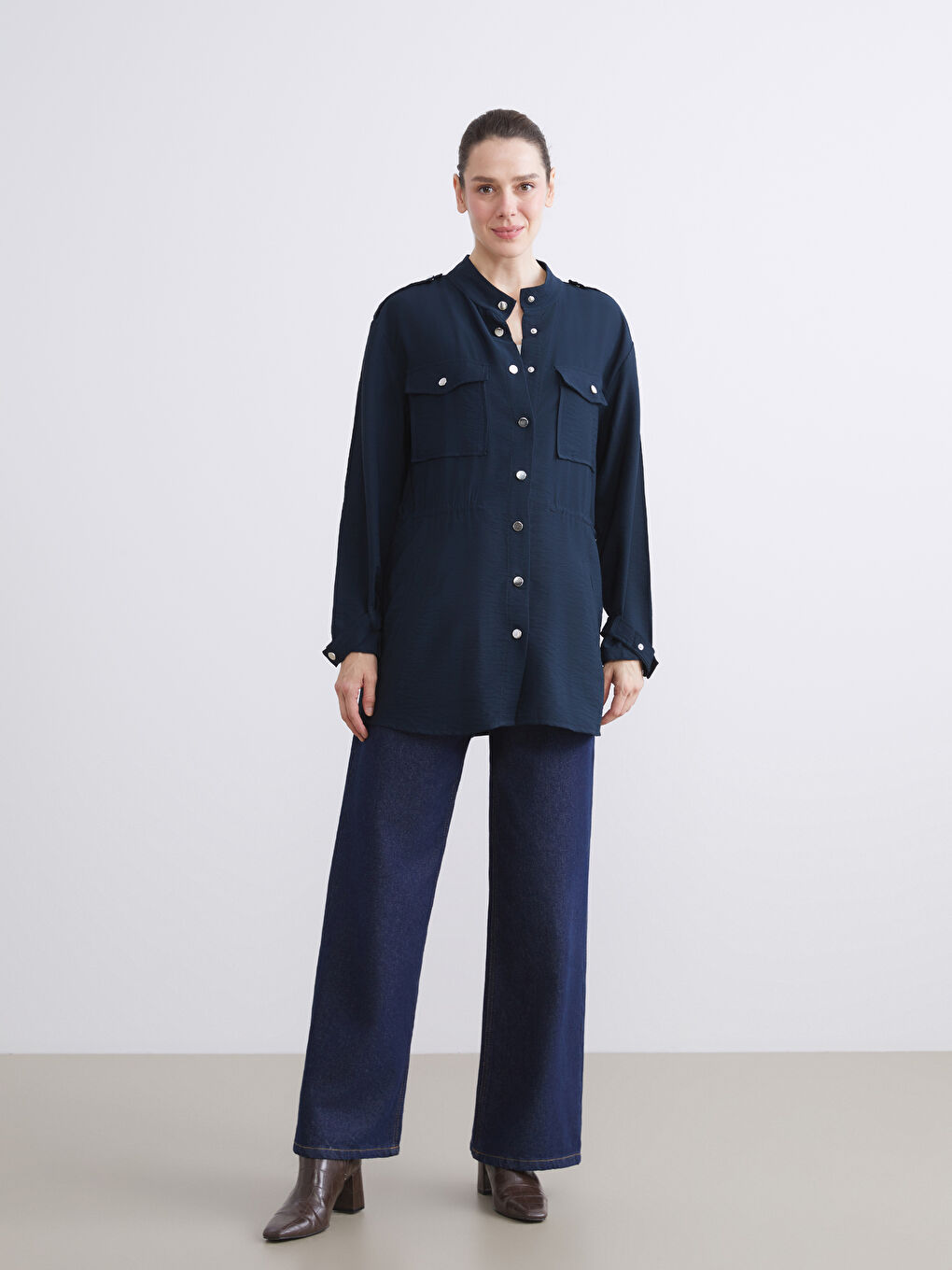 Grandad Collar Ruched Women's Jacket-2