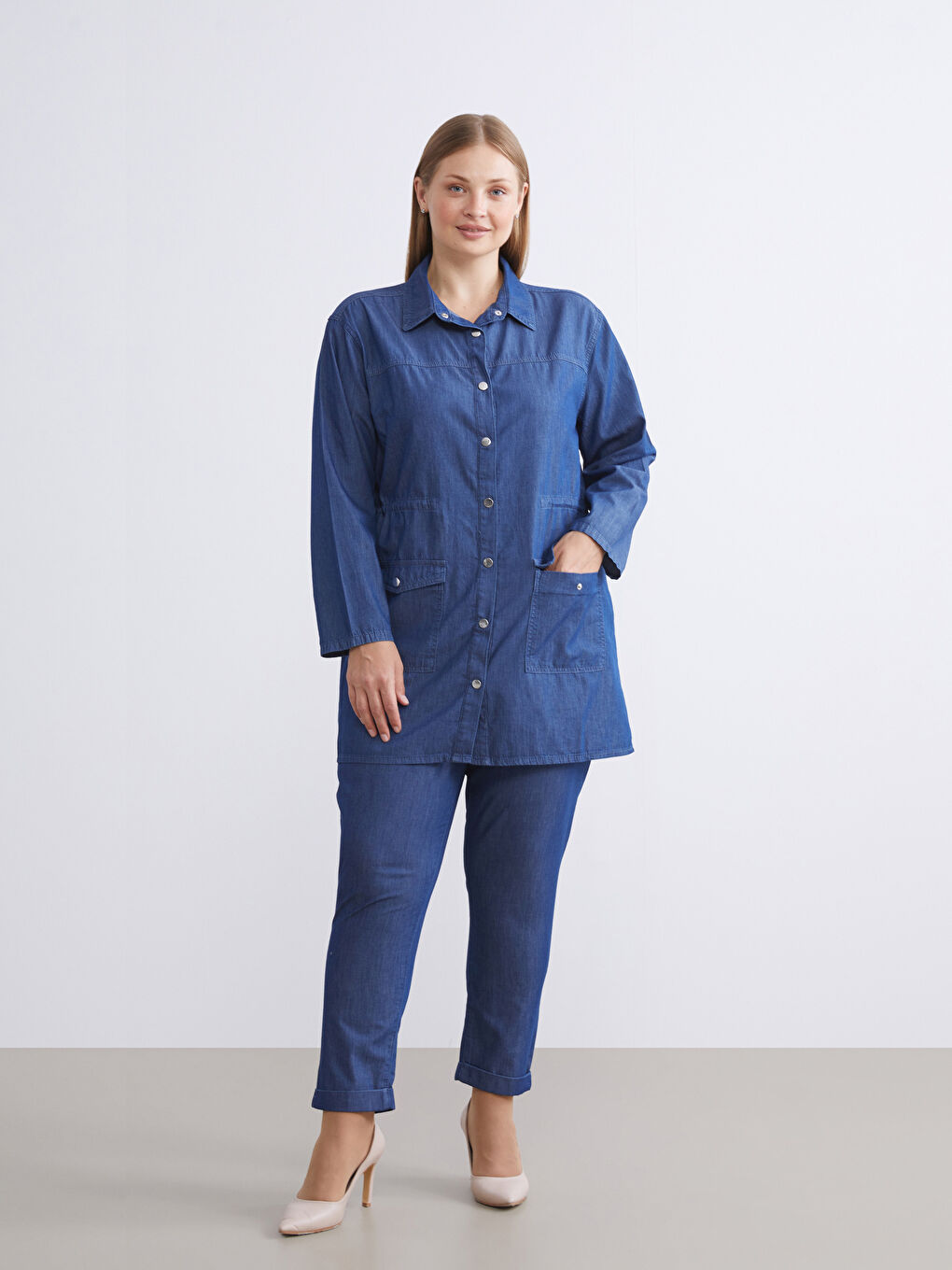 Mavi Gömlek Yaka Kadın Jean Tunik-5