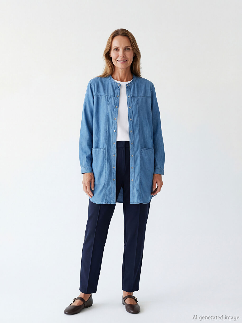 Tunică din Denim pentru Femei cu Guler Bandă-7