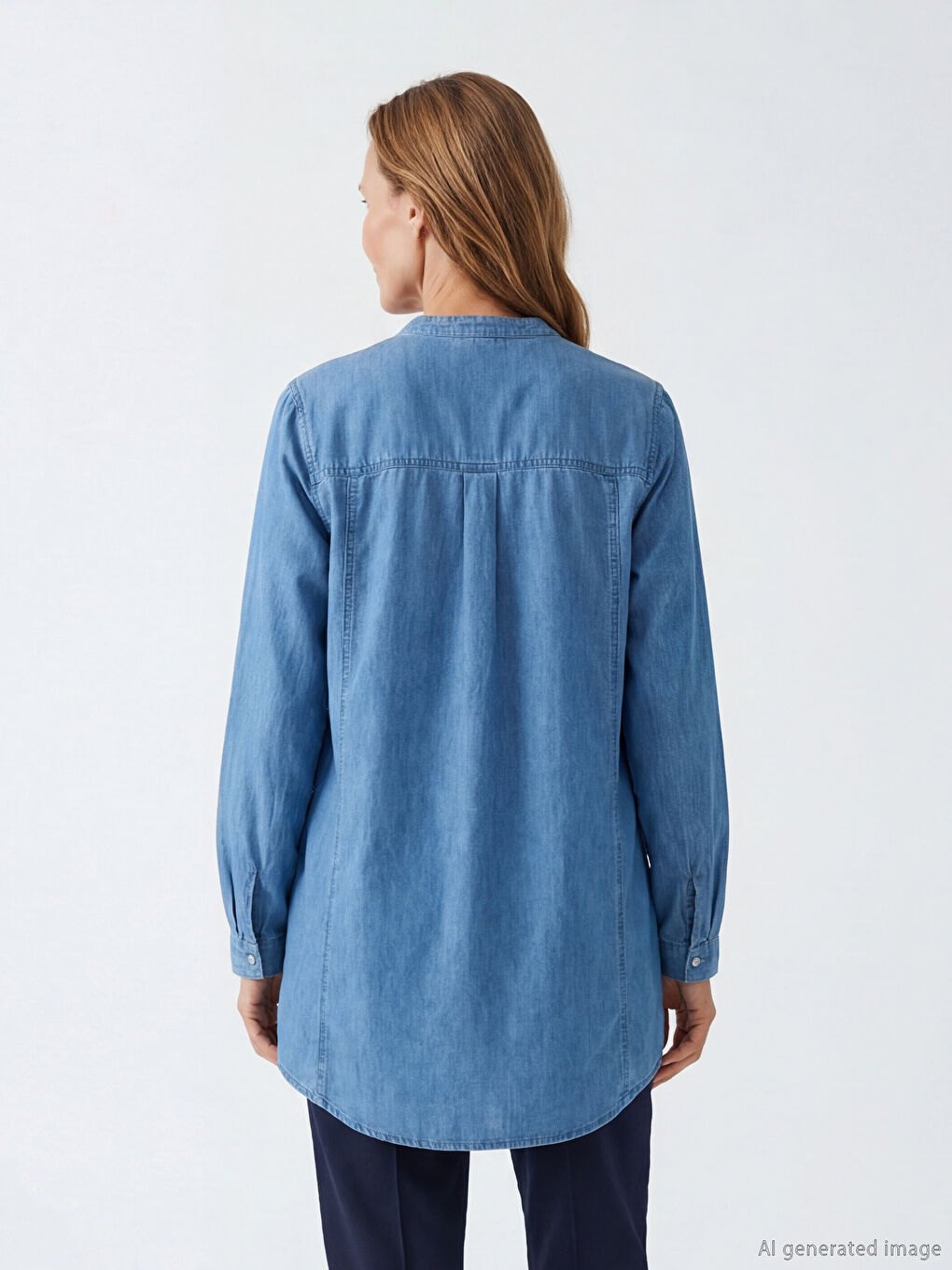 Tunică din Denim pentru Femei cu Guler Bandă-9