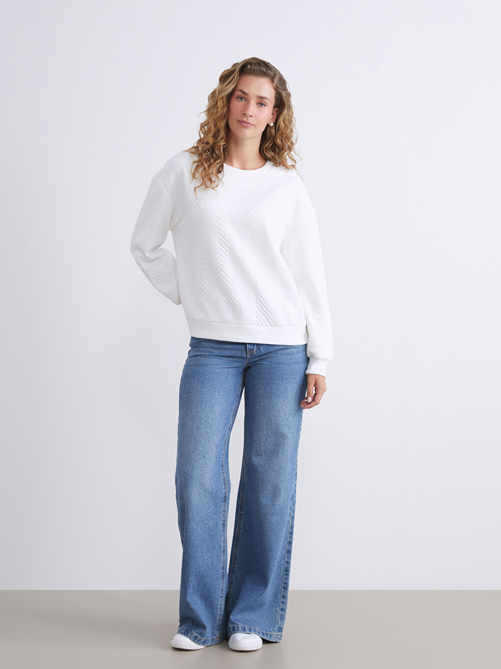 Crew Neck Self-Patterned Women's Sweatshirt-1