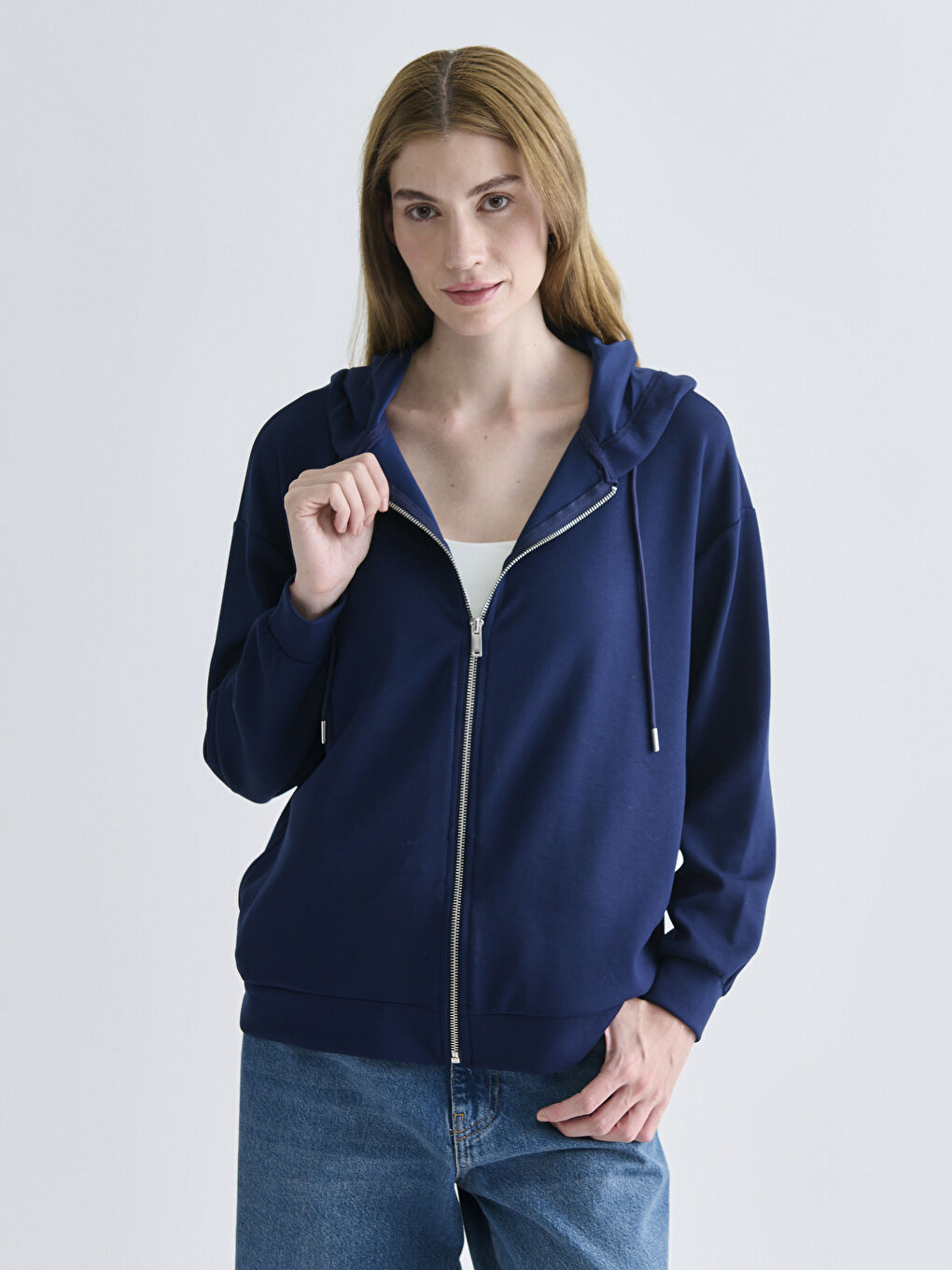 Lacivert Kapüşonlu Oversize Kadın Fermuarlı Sweatshirt