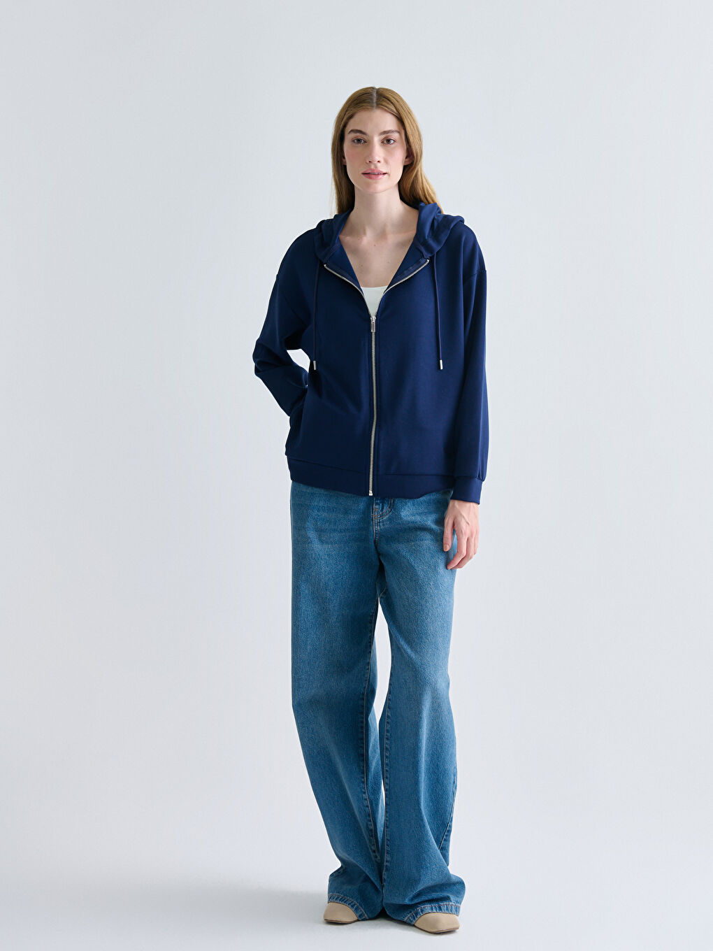 Lacivert Kapüşonlu Oversize Kadın Fermuarlı Sweatshirt-1