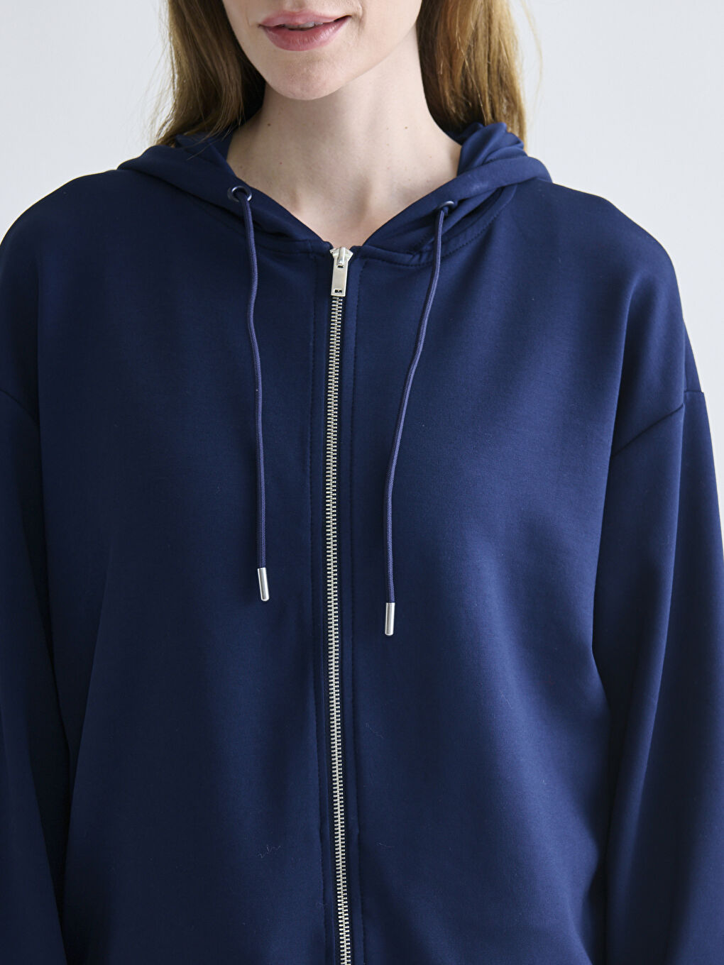 Lacivert Kapüşonlu Oversize Kadın Fermuarlı Sweatshirt-2