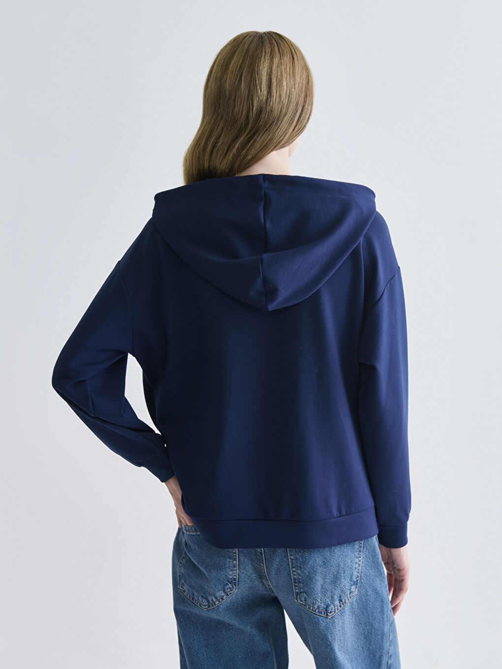 Lacivert Kapüşonlu Oversize Kadın Fermuarlı Sweatshirt-3