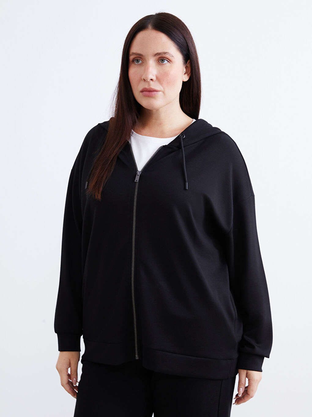 Siyah Kapüşonlu Oversize Kadın Fermuarlı Sweatshirt-1