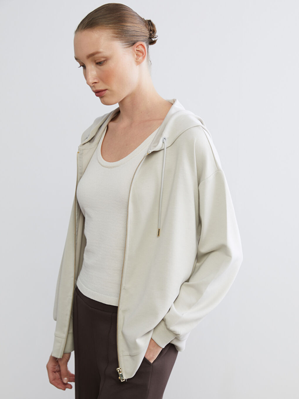 Gri Kapüşonlu Oversize Kadın Fermuarlı Sweatshirt