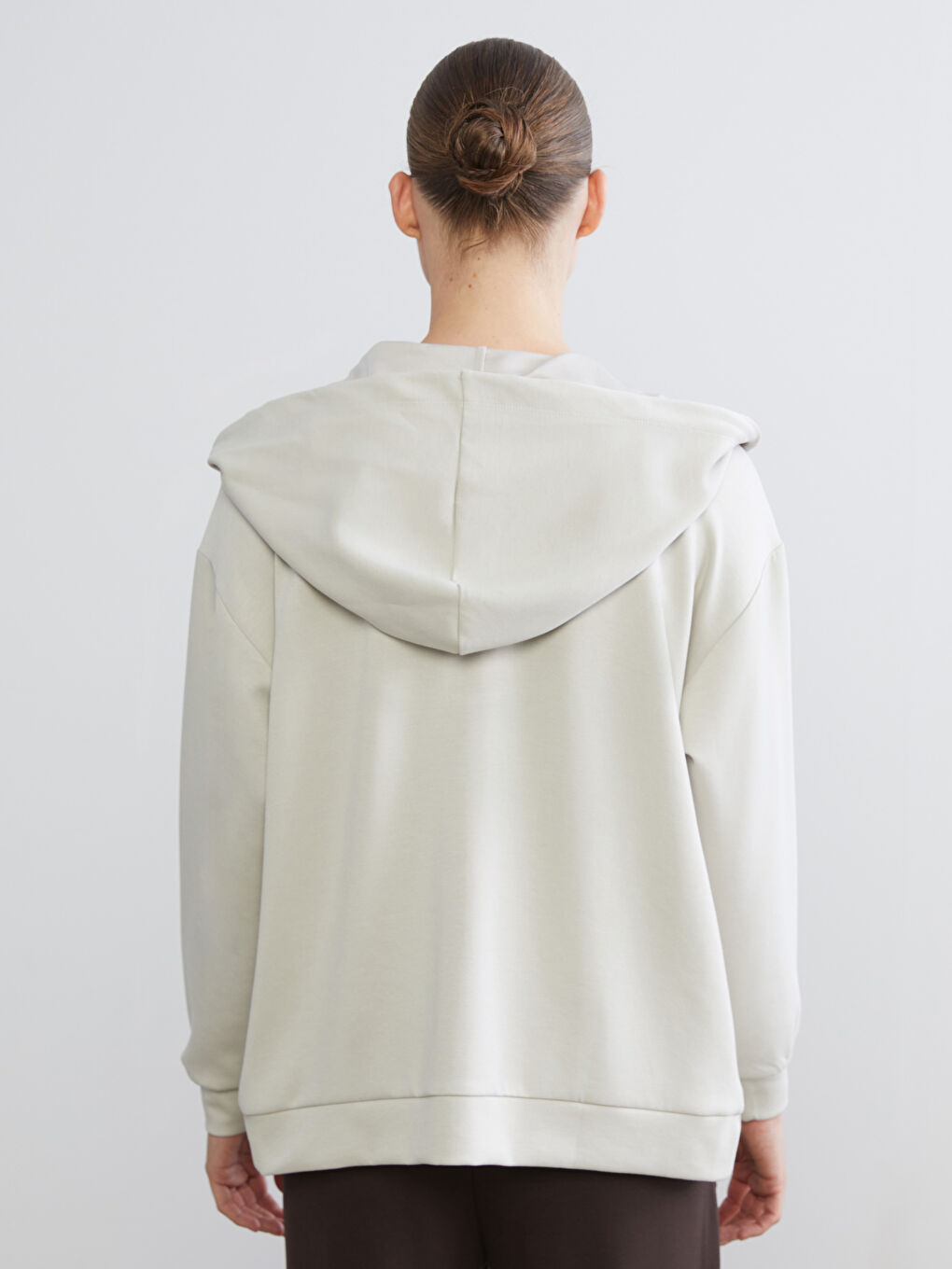 Gri Kapüşonlu Oversize Kadın Fermuarlı Sweatshirt-3