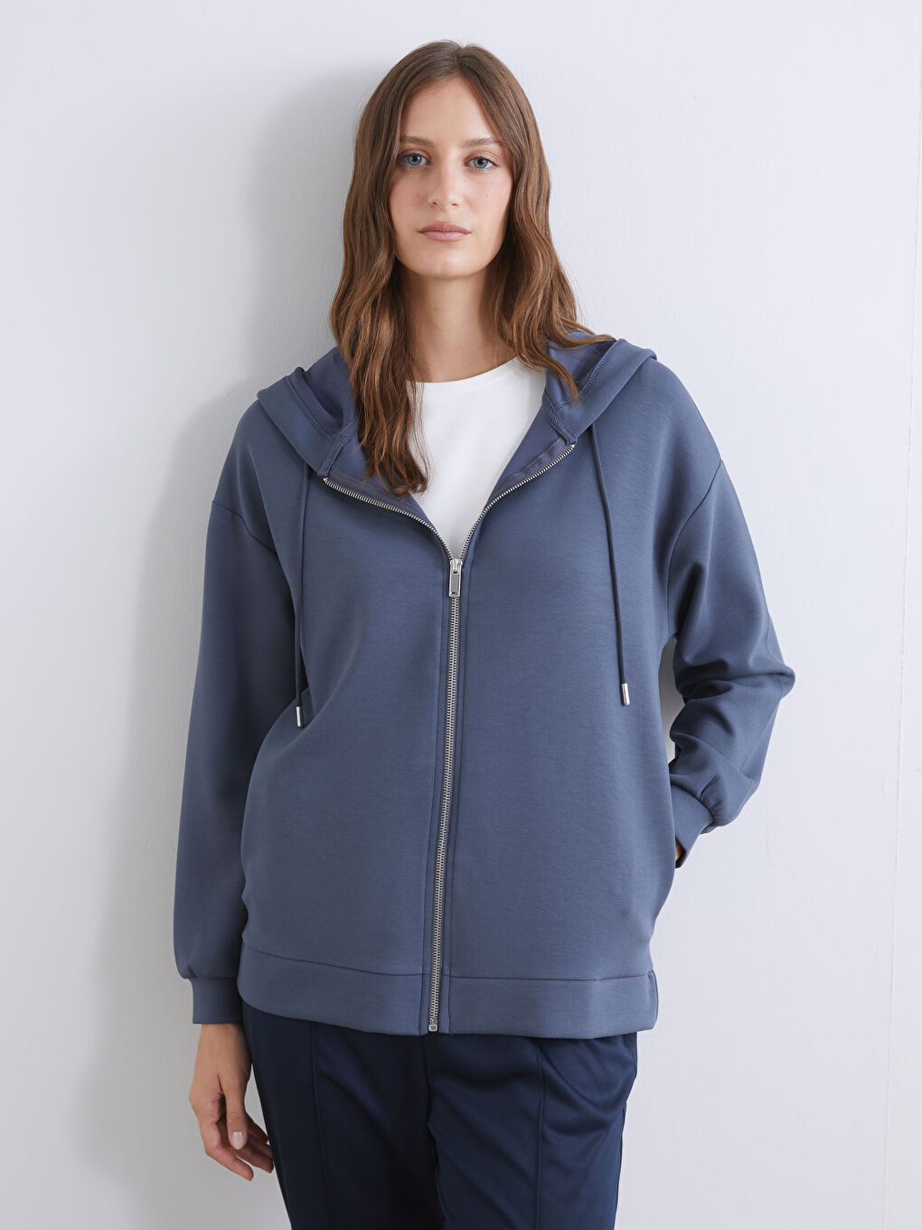 Antrasit Kapüşonlu Oversize Kadın Fermuarlı Sweatshirt