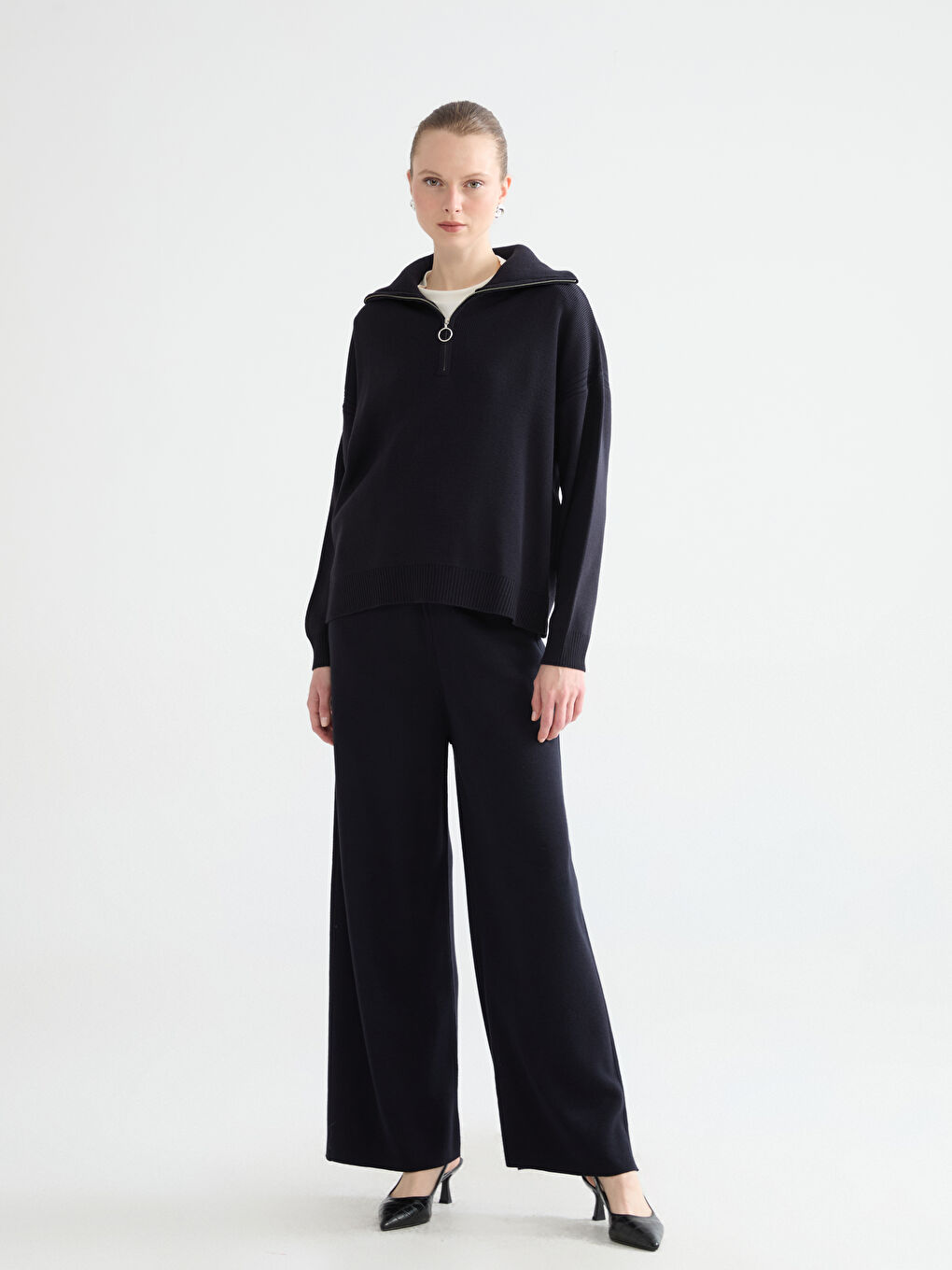 Lacivert Dik Yaka Kadın Triko Kazak-1