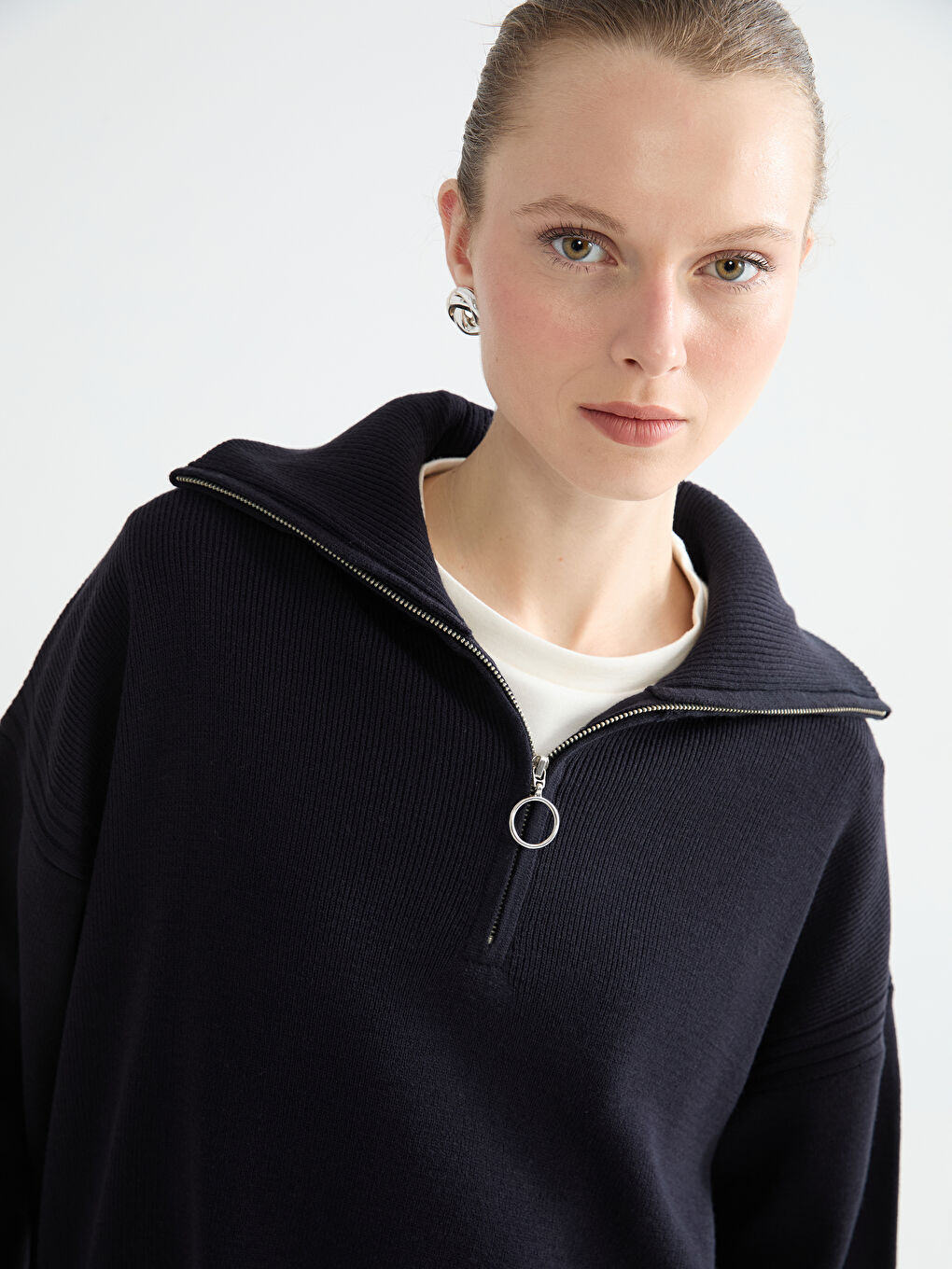 Lacivert Dik Yaka Kadın Triko Kazak-2