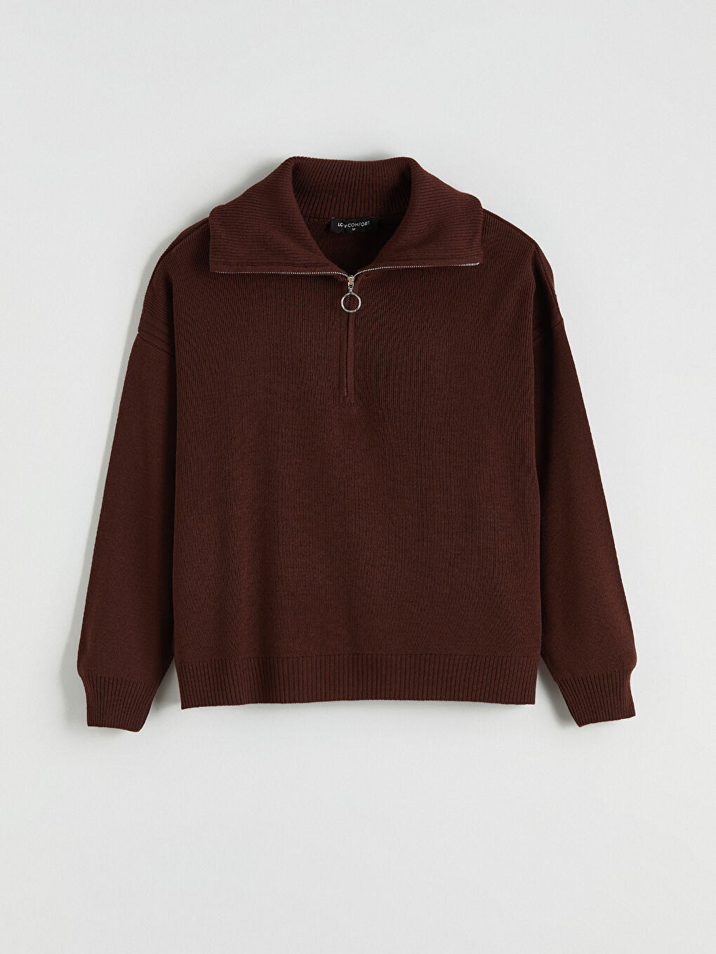 Kahverengi Dik Yaka Kadın Triko Kazak-4