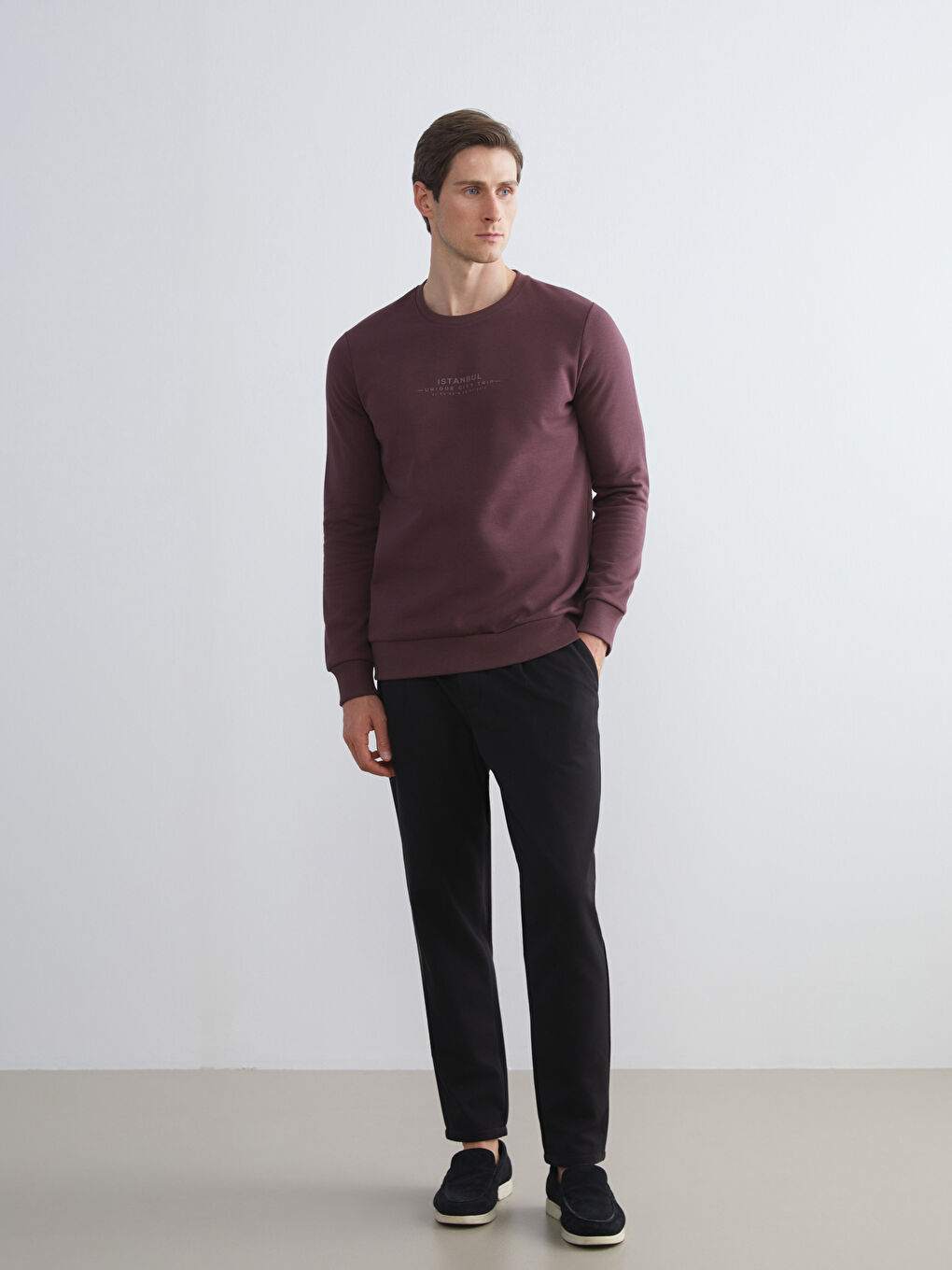 Mürdüm Bisiklet Yaka Baskılı Erkek Sweatshirt-1