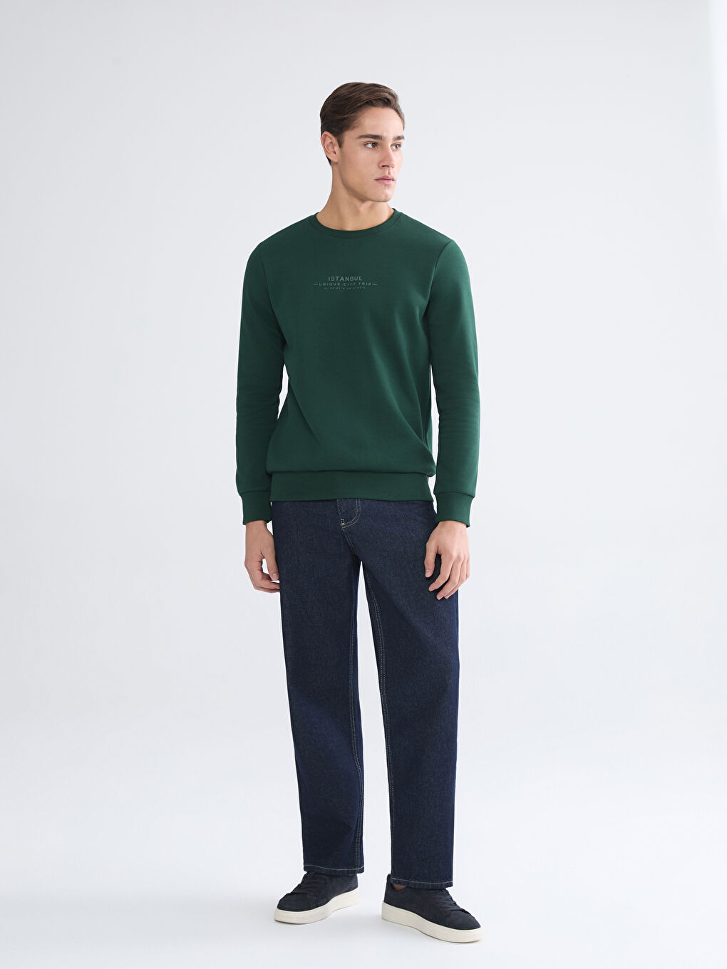 Yeşil Bisiklet Yaka Baskılı Erkek Sweatshirt-1