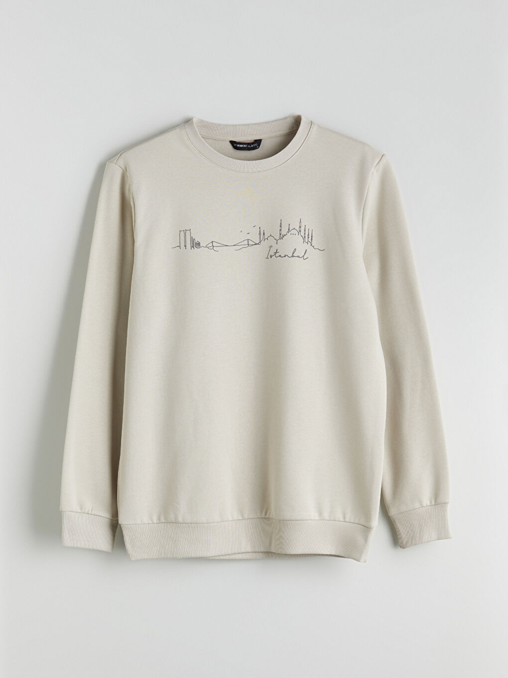 Bej Bisiklet Yaka Baskılı Erkek Kalın  Sweatshirt-4