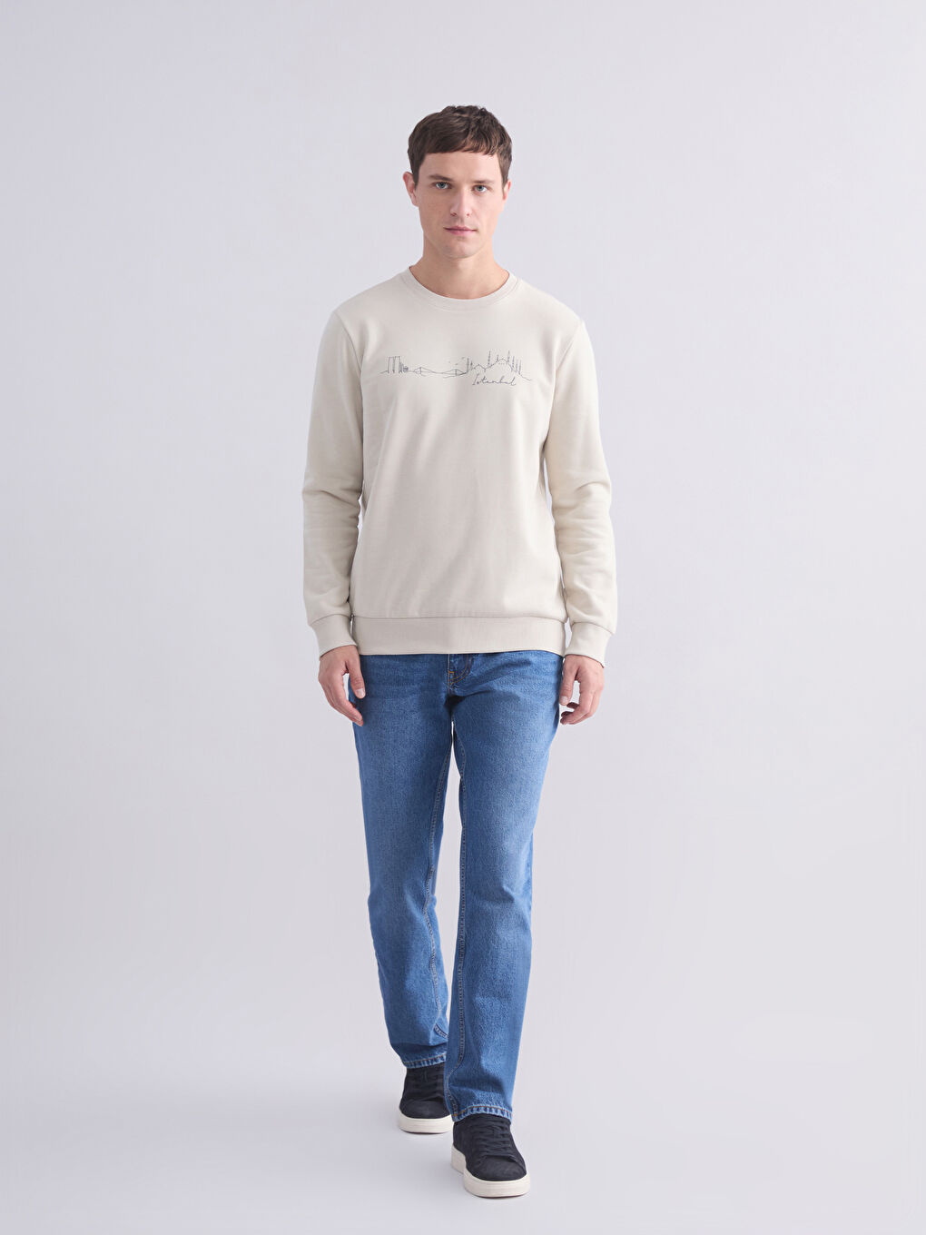 Bej Bisiklet Yaka Baskılı Erkek Kalın  Sweatshirt-1