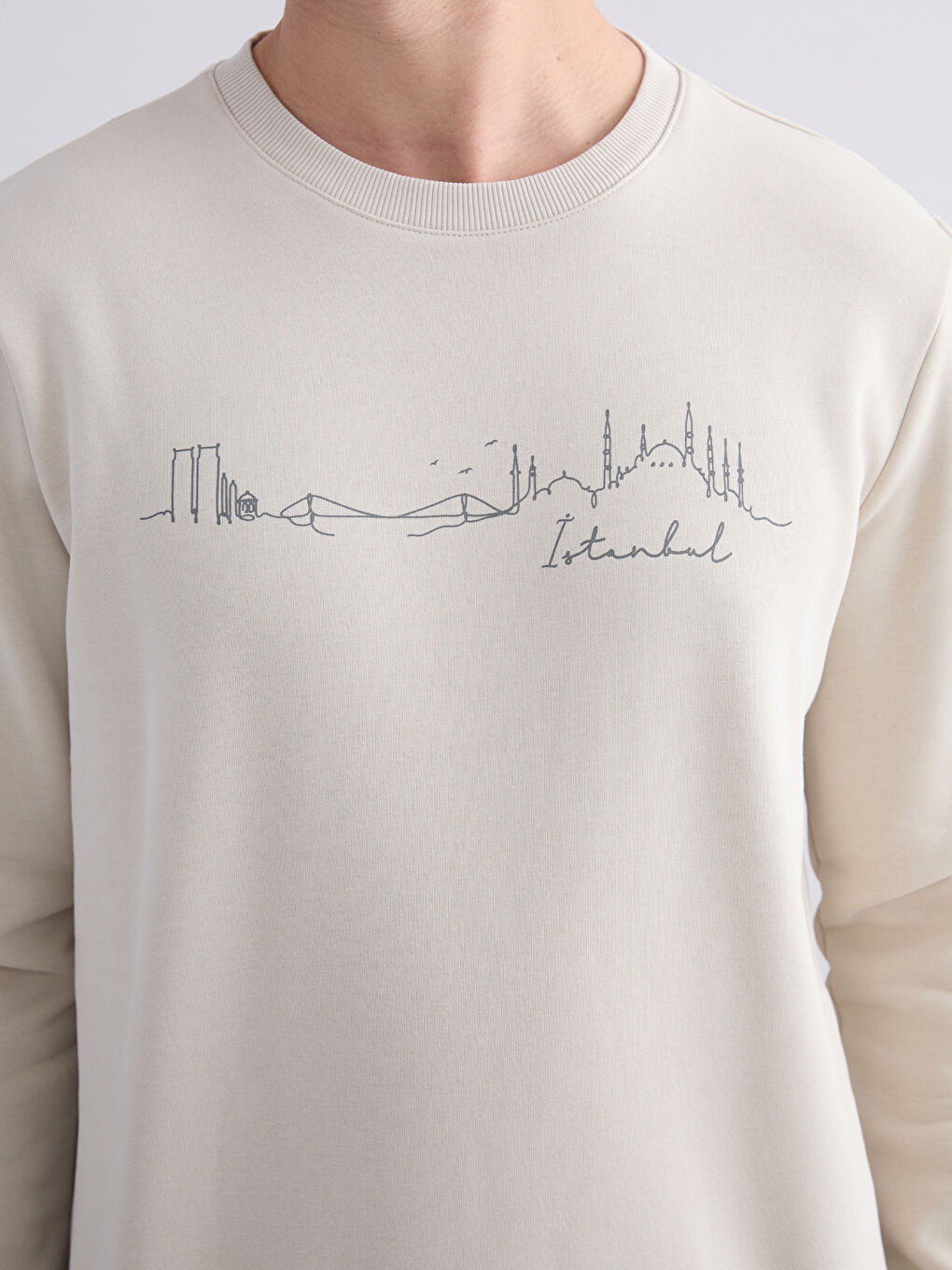 Bej Bisiklet Yaka Baskılı Erkek Kalın  Sweatshirt-2