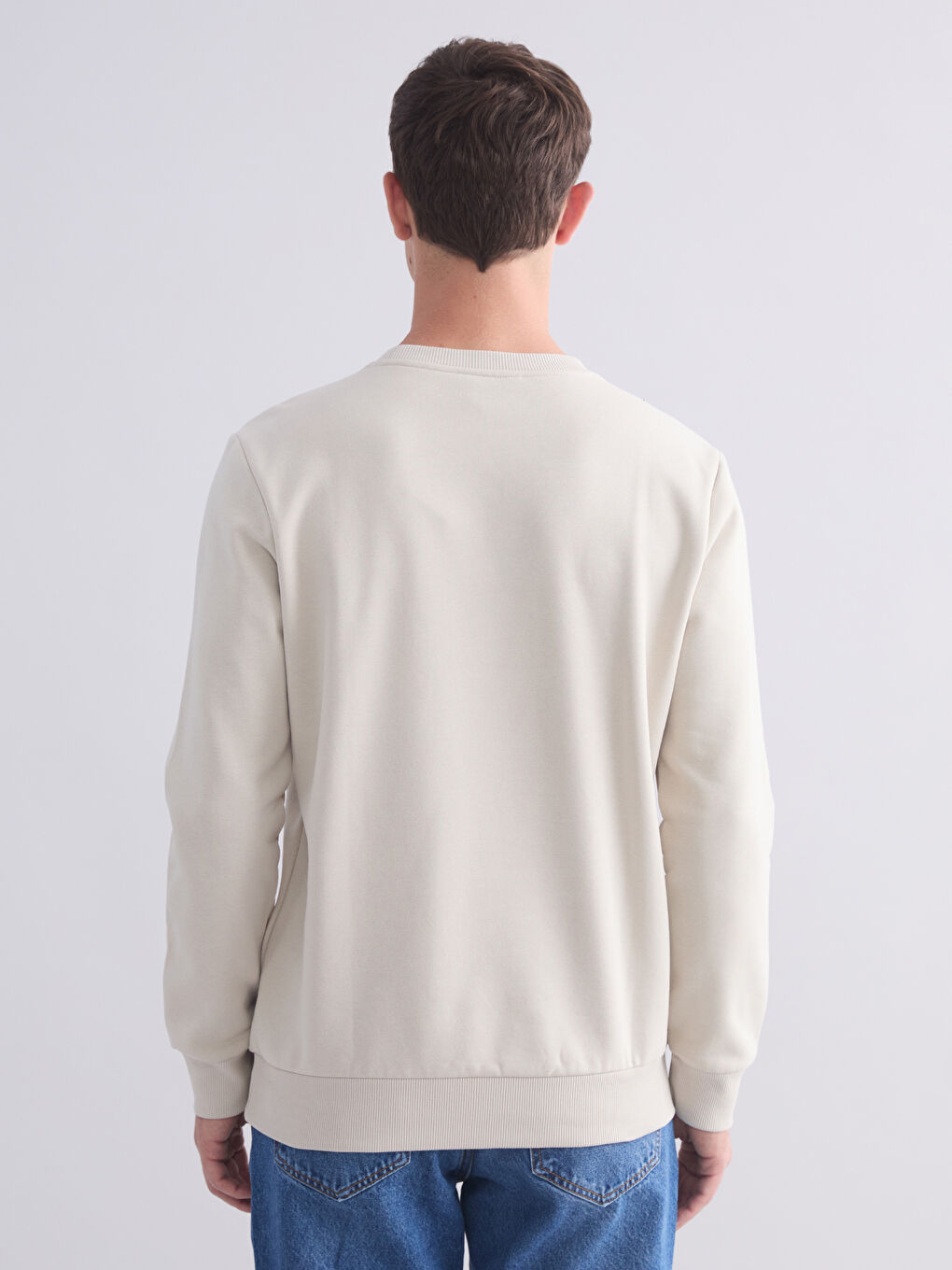 Bej Bisiklet Yaka Baskılı Erkek Kalın  Sweatshirt-3