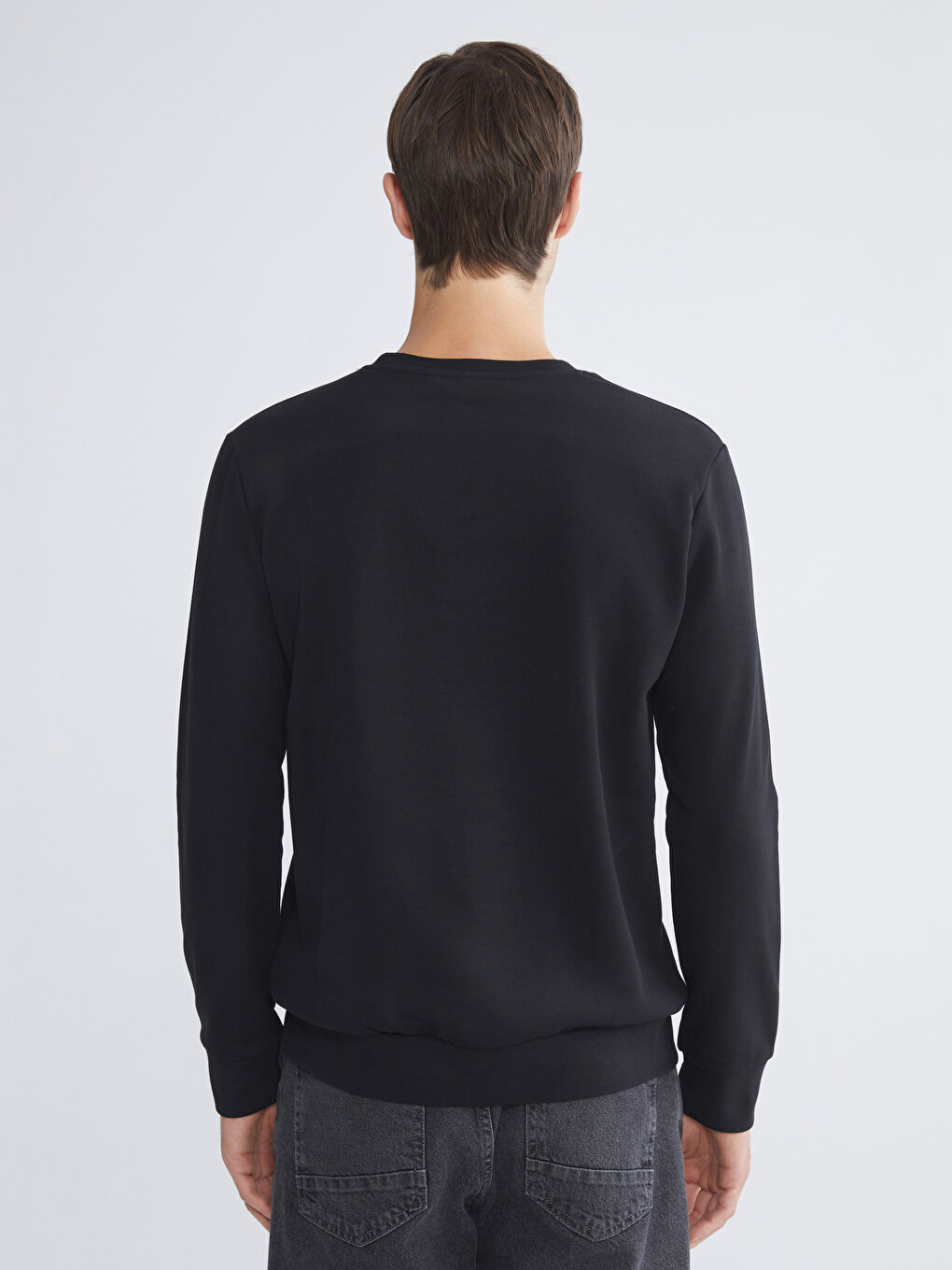 Siyah Bisiklet Yaka Baskılı Erkek Kalın Sweatshirt-3