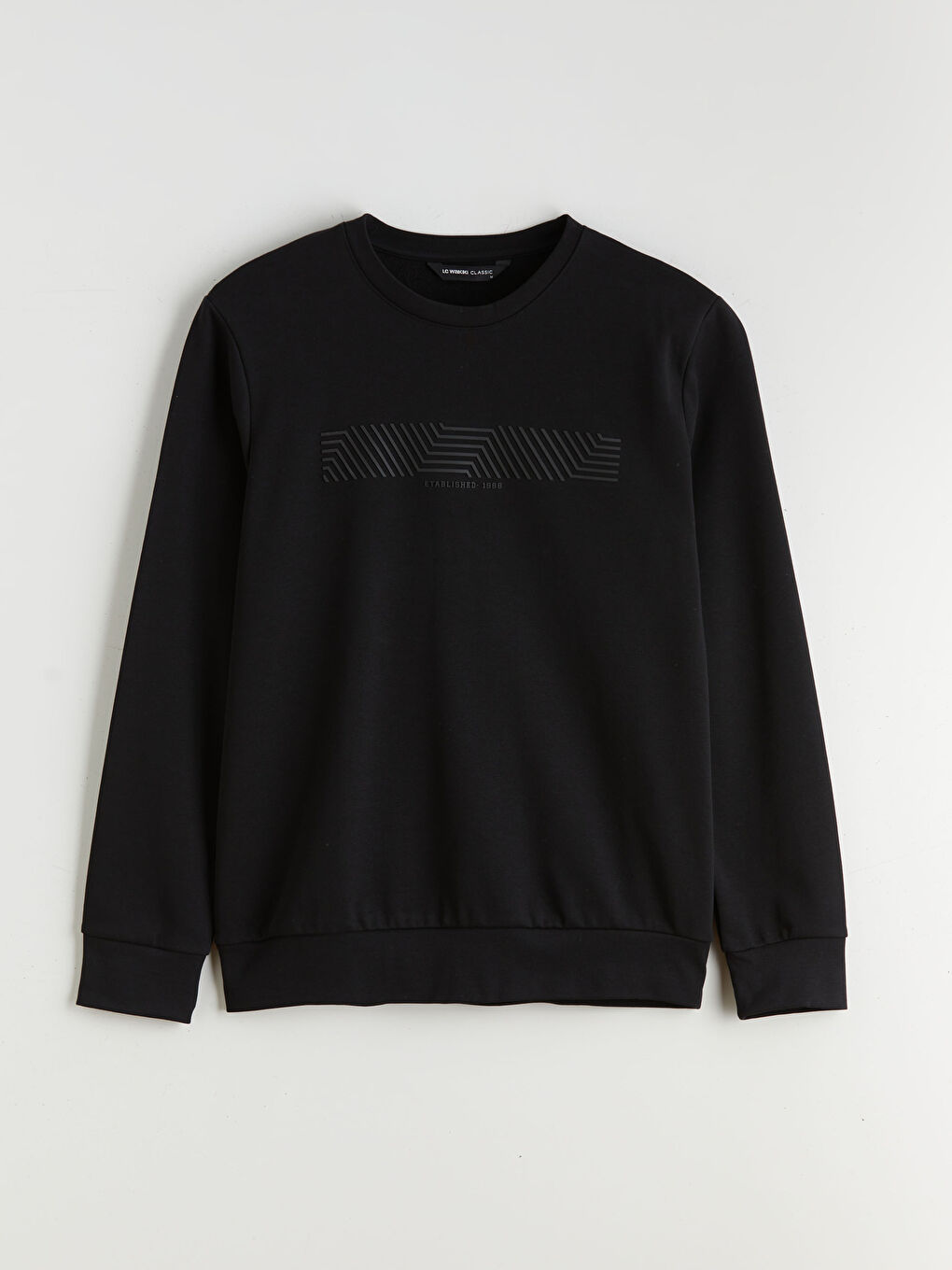 Siyah Bisiklet Yaka Baskılı Erkek Kalın Sweatshirt-4