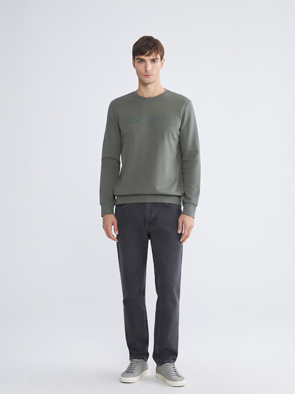 Haki Bisiklet Yaka Baskılı Erkek Kalın Sweatshirt-1