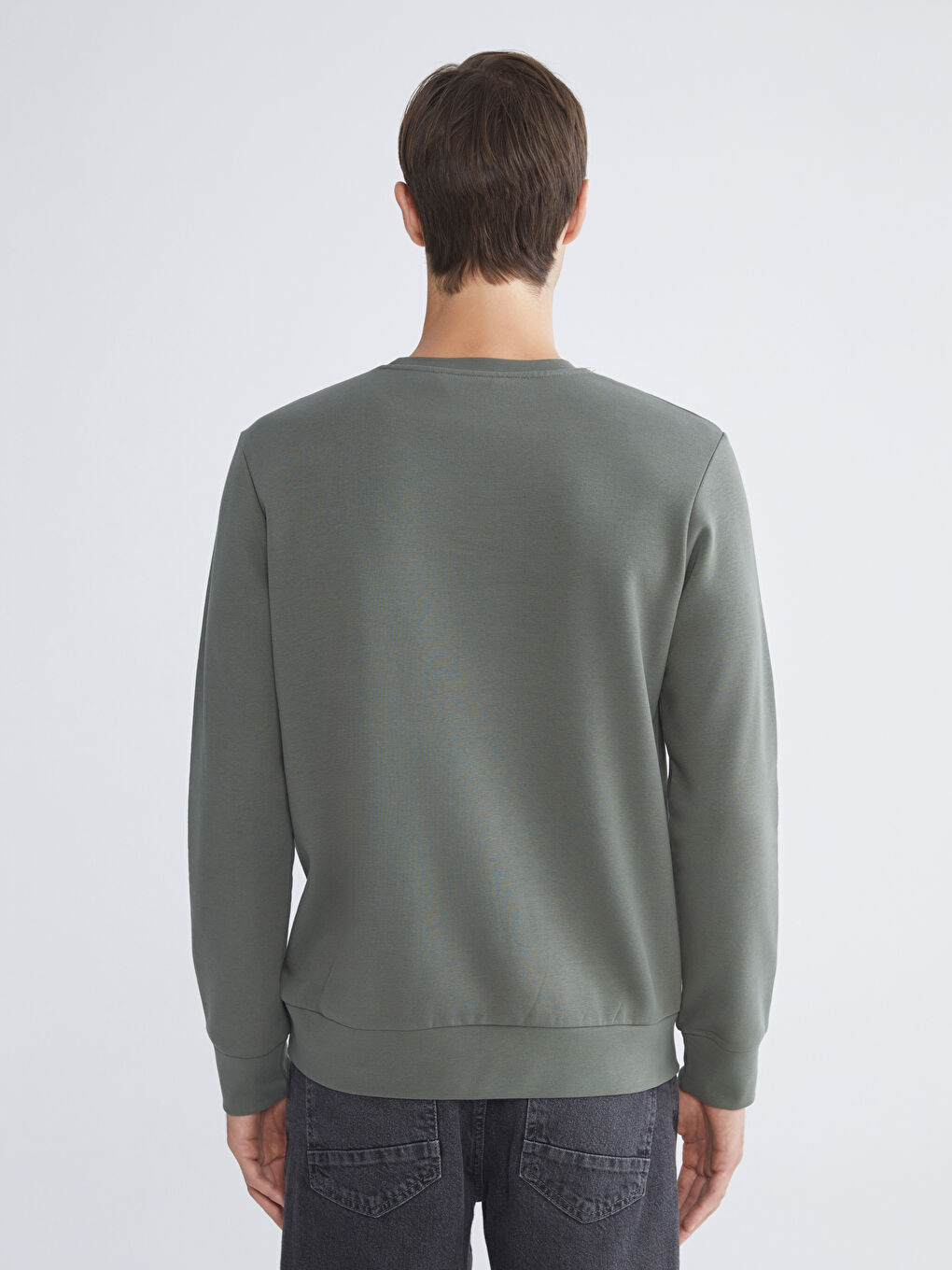 Haki Bisiklet Yaka Baskılı Erkek Kalın Sweatshirt-3