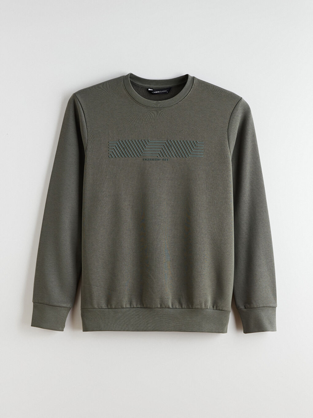 Haki Bisiklet Yaka Baskılı Erkek Kalın Sweatshirt-4