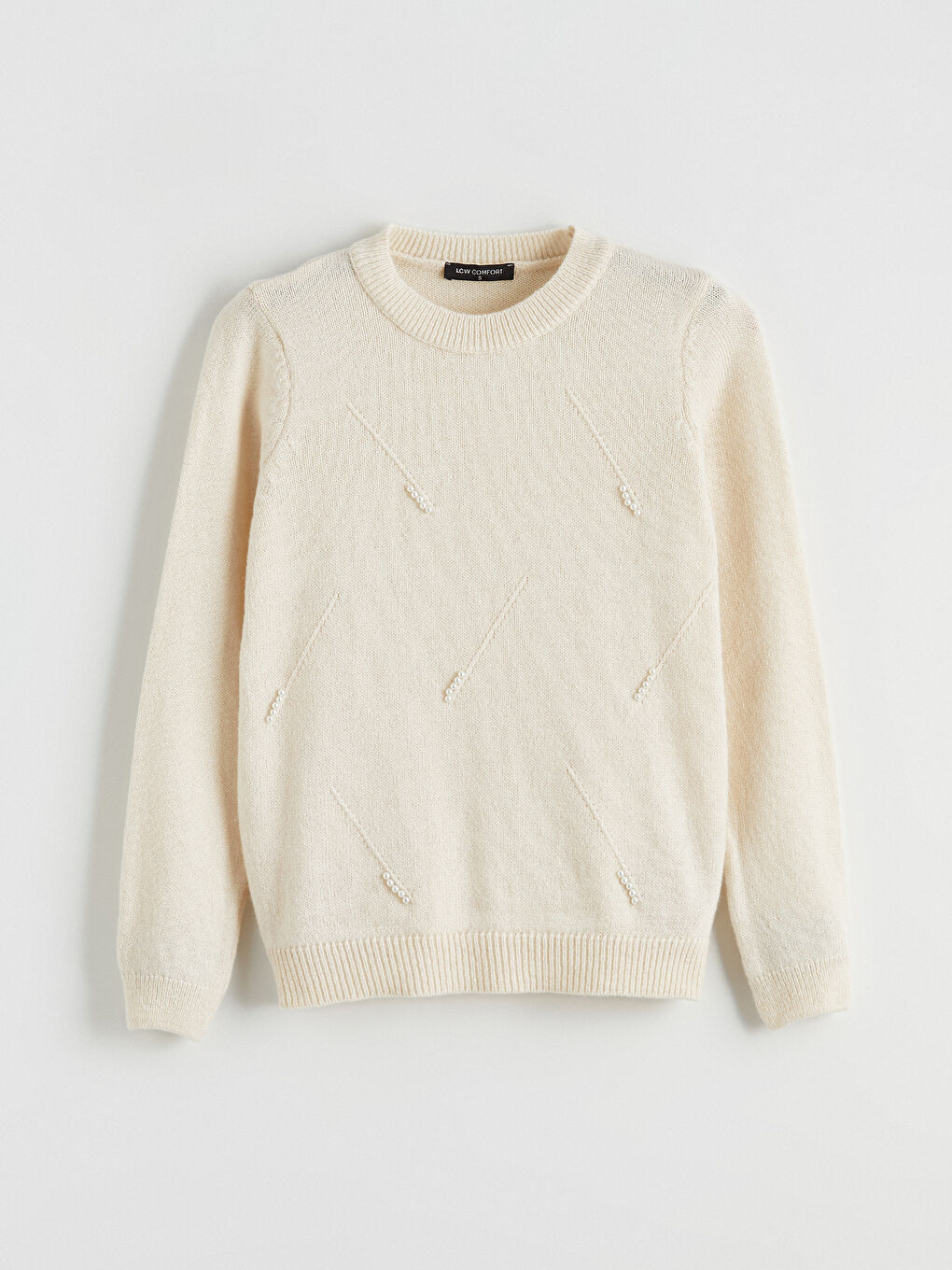 Bej Bisiklet Yaka İnci İşlemeli Kadın Triko Kazak-4