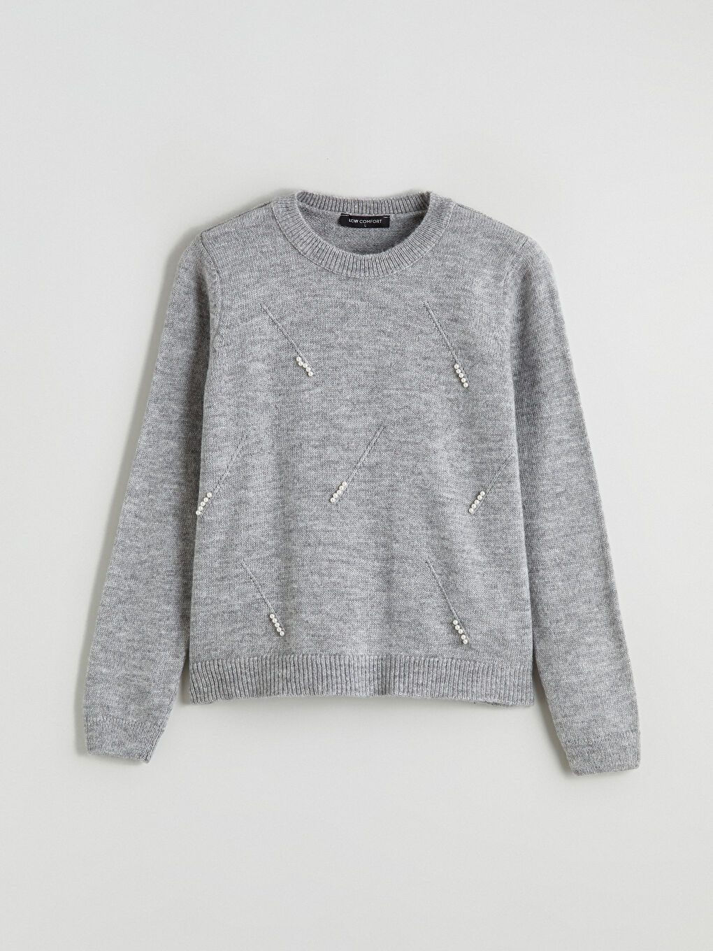 Gri Bisiklet Yaka İnci İşlemeli Kadın Triko Kazak-4