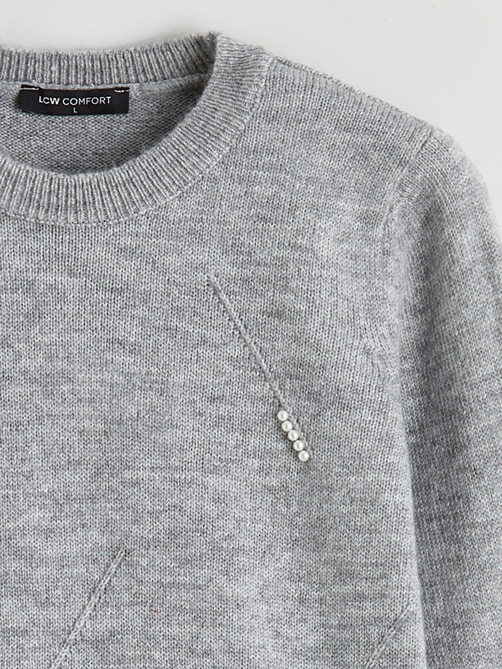 Gri Bisiklet Yaka İnci İşlemeli Kadın Triko Kazak-5