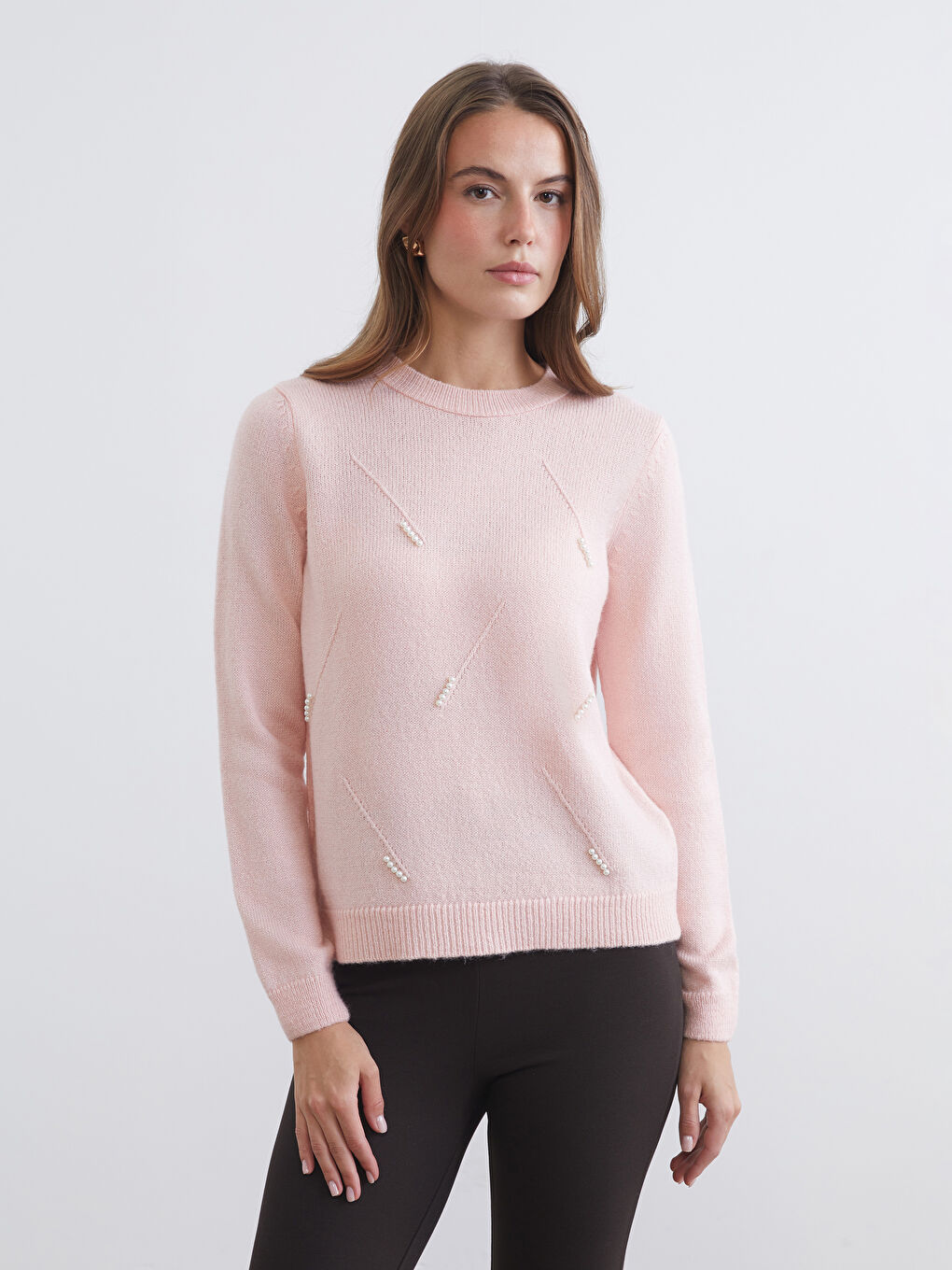 Pembe Bisiklet Yaka İnci İşlemeli Kadın Triko Kazak