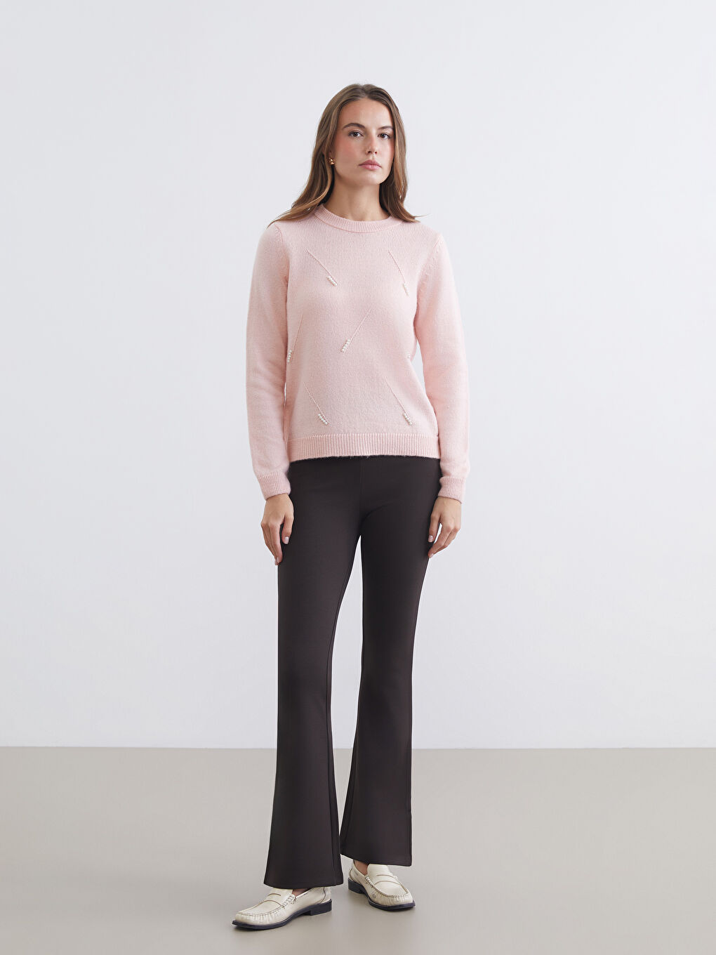 Pembe Bisiklet Yaka İnci İşlemeli Kadın Triko Kazak-1