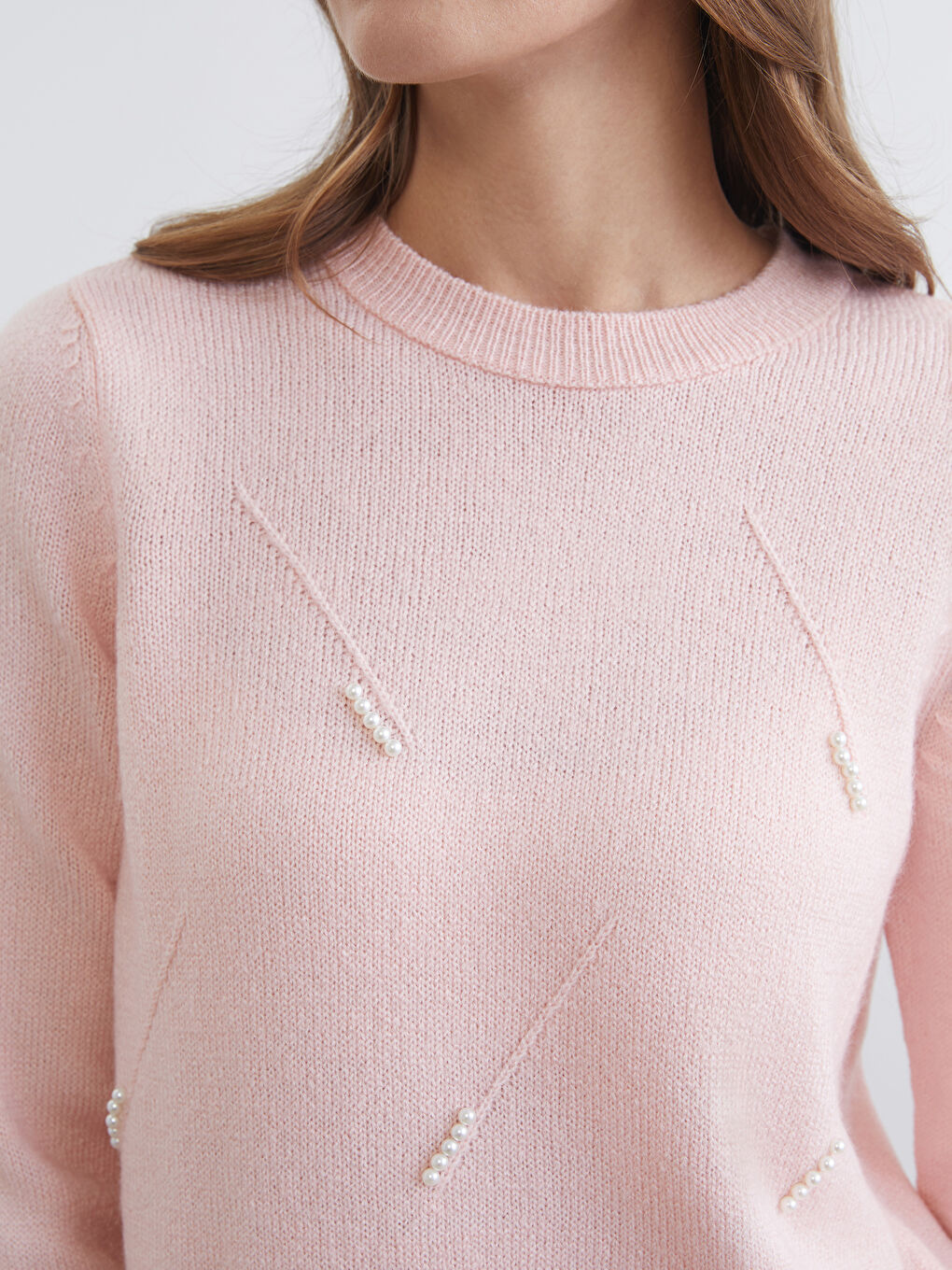 Pembe Bisiklet Yaka İnci İşlemeli Kadın Triko Kazak-2