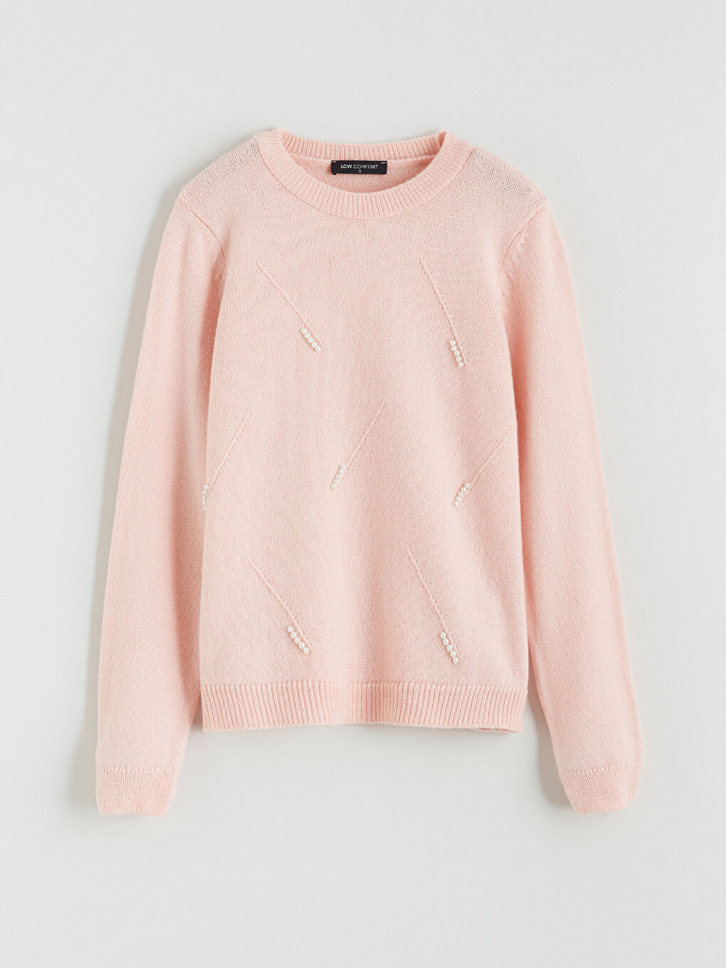 Pembe Bisiklet Yaka İnci İşlemeli Kadın Triko Kazak-4