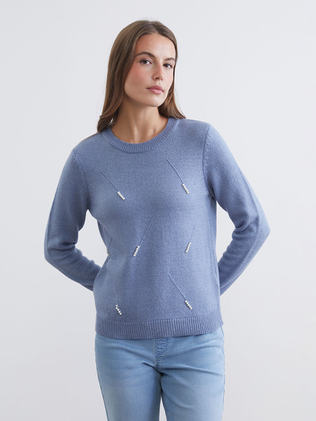 Mavi Bisiklet Yaka İnci İşlemeli Kadın Triko Kazak