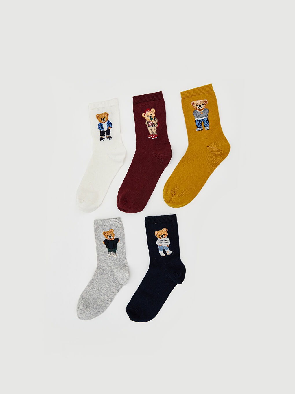 Ekru Ayı Teddy Baskılı Kadın Soket Çorap 5'li