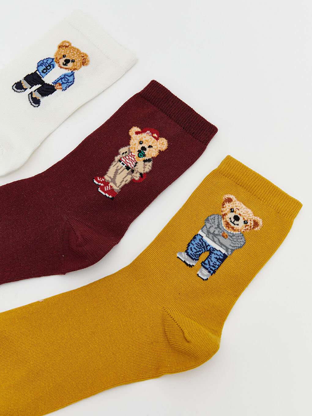 Ekru Ayı Teddy Baskılı Kadın Soket Çorap 5'li-1