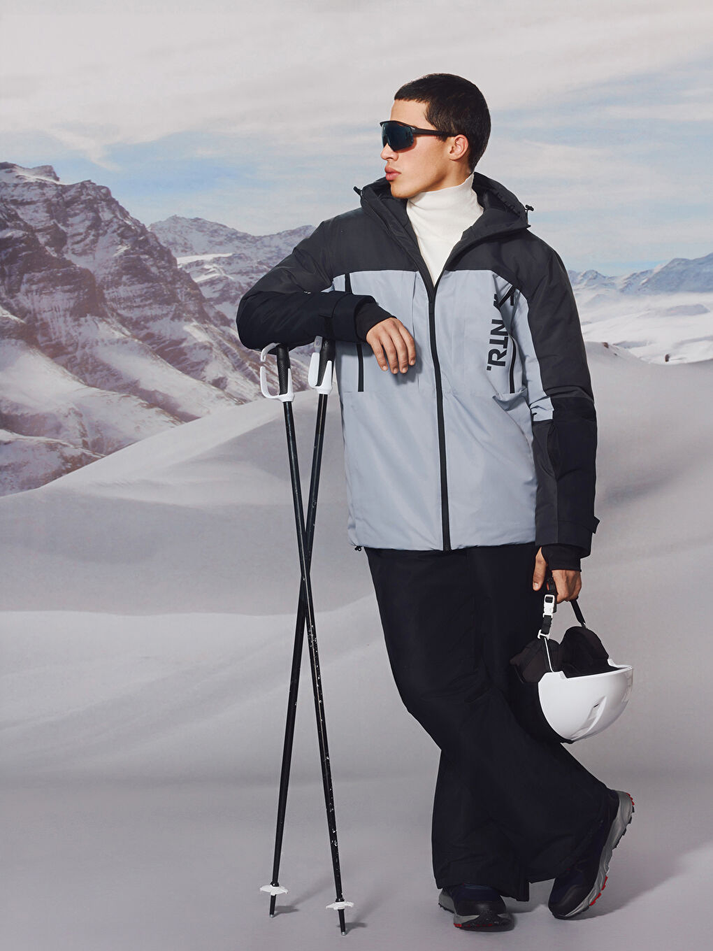 Gri Standart Kalıp Kapüşonlu Erkek Kayak Montu-2