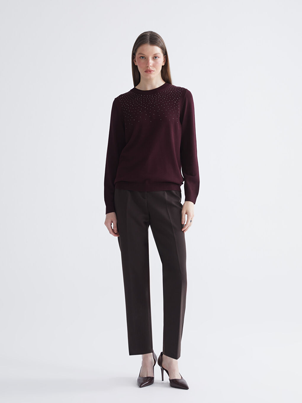 Džemper od trikotaže sa okruglim izrezom ukrašen cirkonima za žene-1