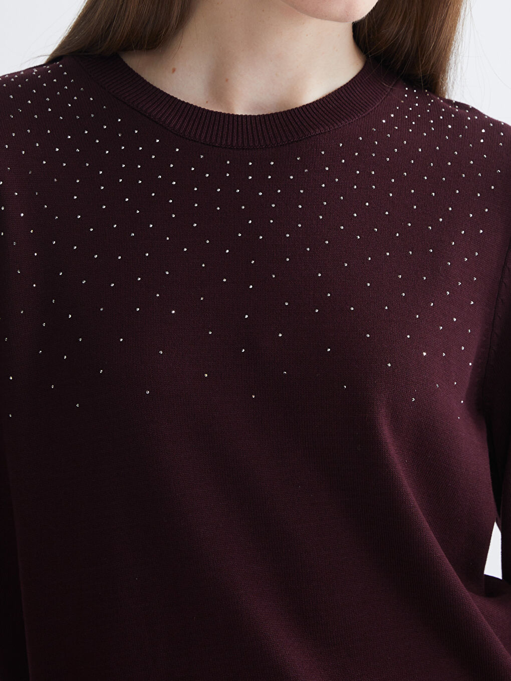 Džemper od trikotaže sa okruglim izrezom ukrašen cirkonima za žene-2