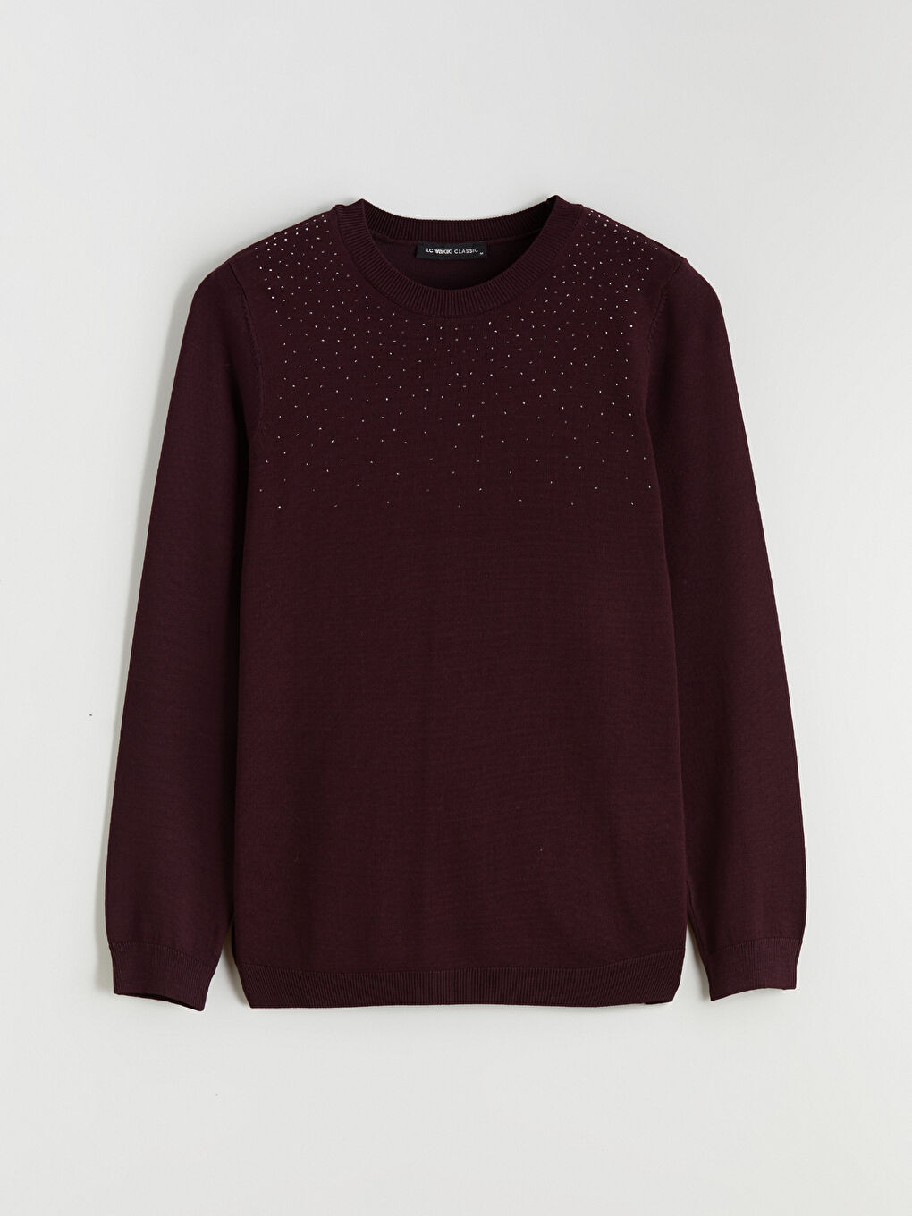 Džemper od trikotaže sa okruglim izrezom ukrašen cirkonima za žene-4