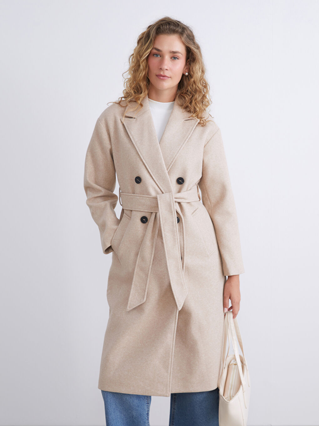 Bej Ceket Yaka Kadın Kaşe Kaban-1