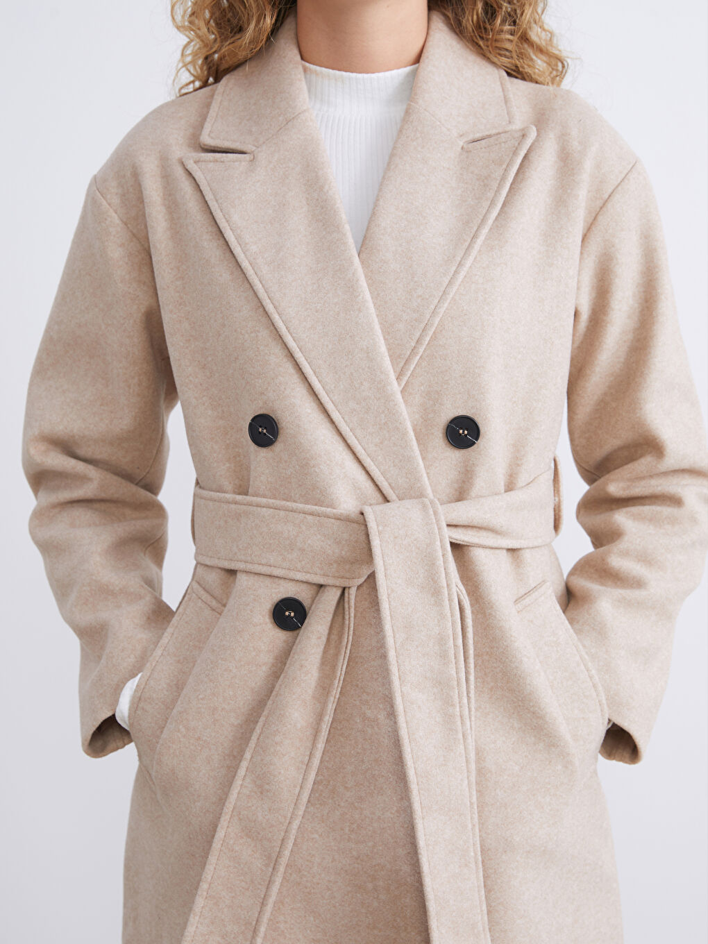 Bej Ceket Yaka Kadın Kaşe Kaban-2