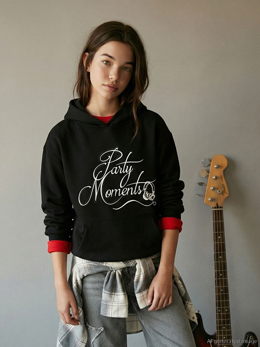 Siyah Kapüşonlu Kız Çocuk Kalın Sweatshirt