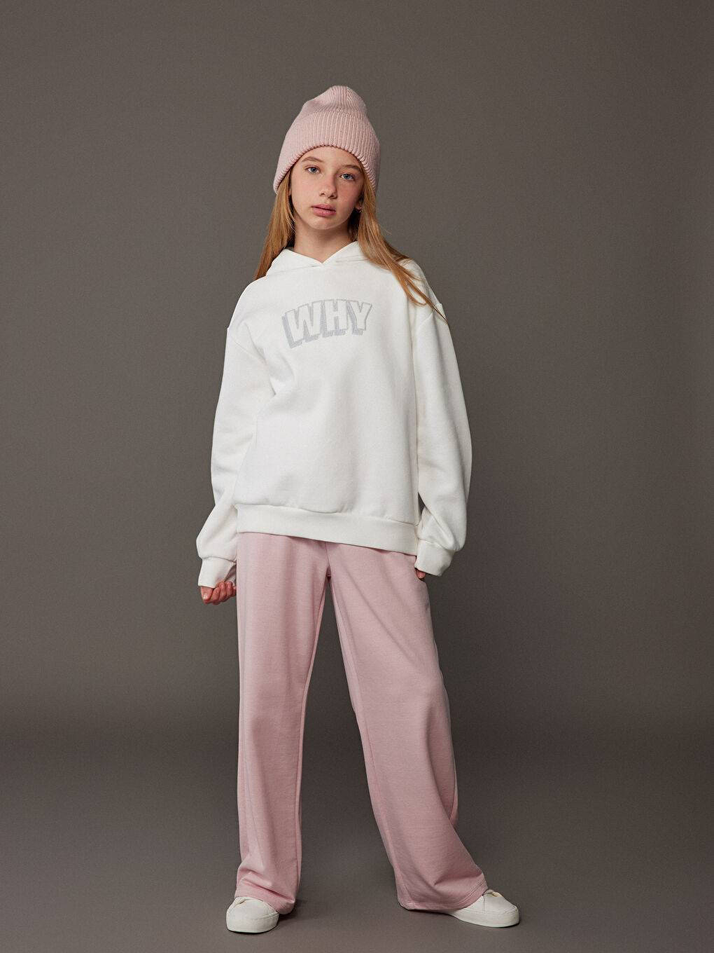 Ekru Kapüşonlu Kız Çocuk Kalın Sweatshirt-1