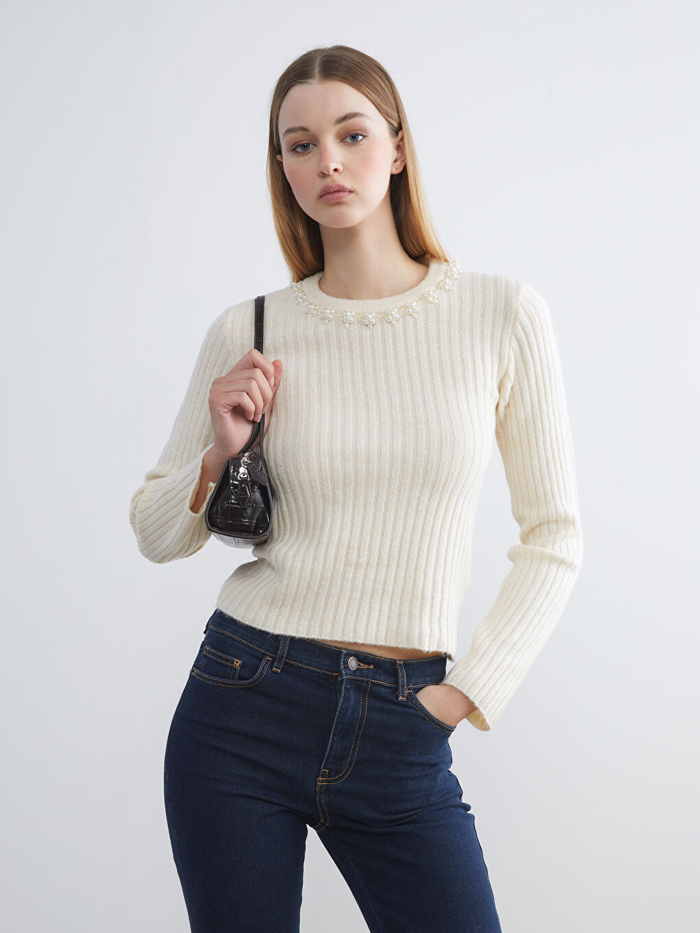 LCW Vision Crew Neck Beaded Embellished Women's Knitwear Sweater -W5FL63Z8-FDU